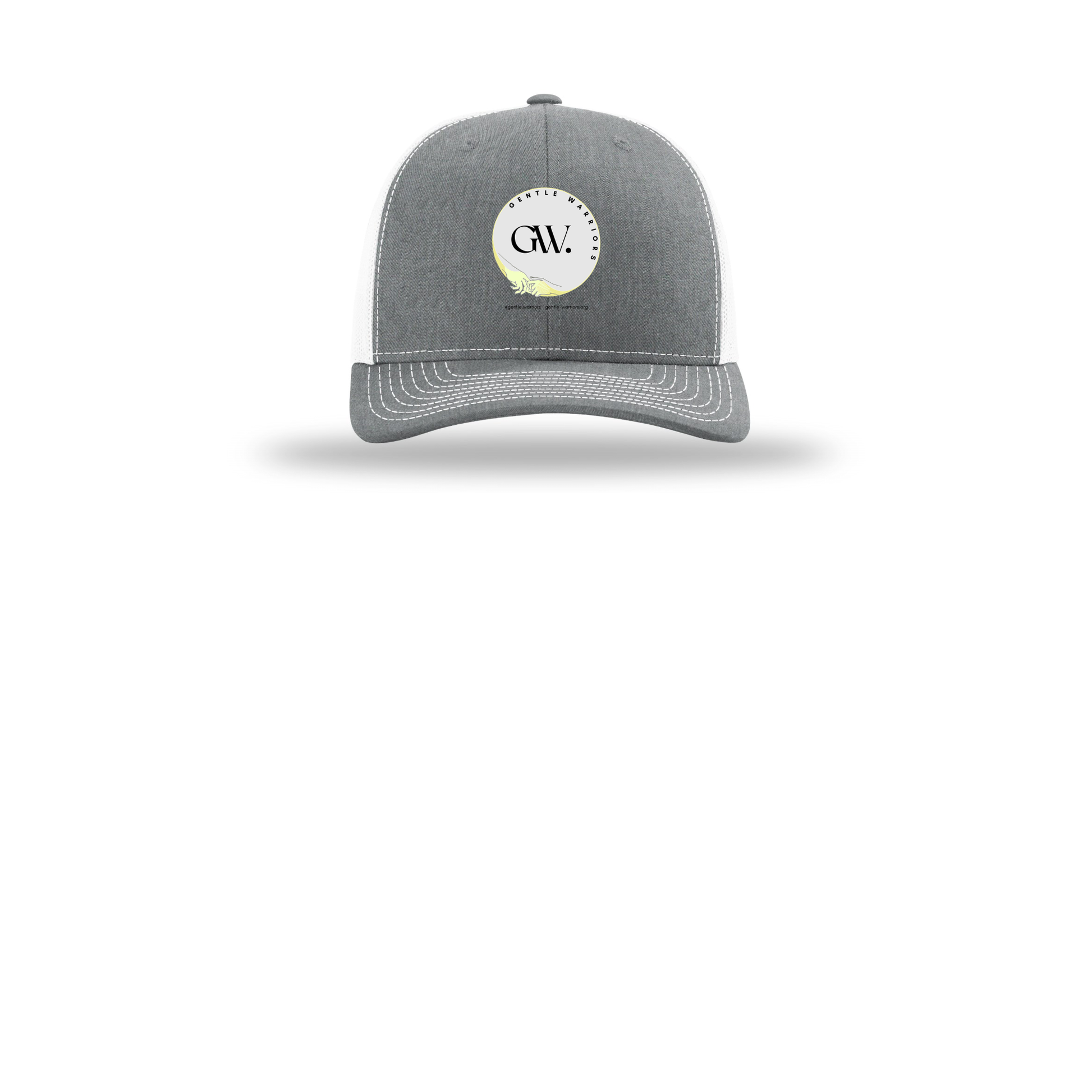 gentle-warriors-richardson-trucker-cap-embroidery-capfront-R112-heathergreywhite-flat-front