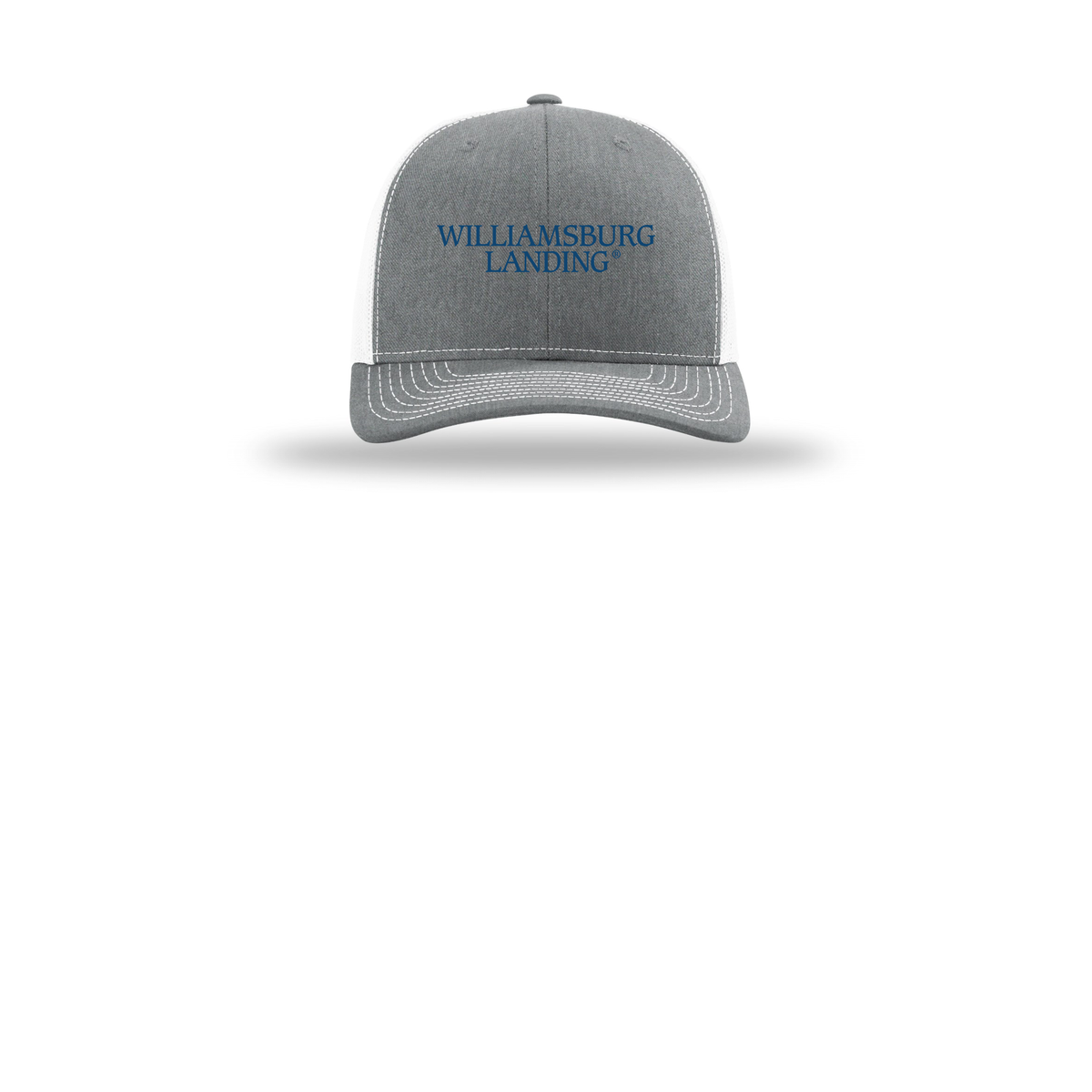 williamsburglanding-richardson-trucker-cap-embroidery-capfront-R112-heathergreywhite-flat-front