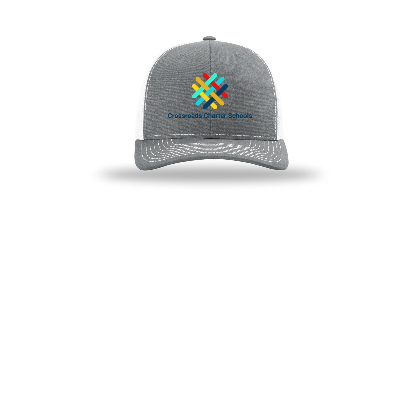 crossroadsschoolskc-richardson-trucker-cap-embroidery-capfront-R112-heathergreywhite-flat-front