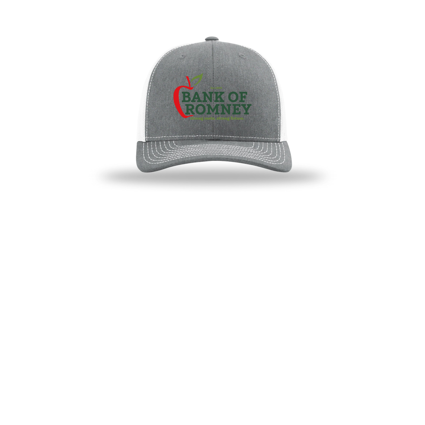 bankofromney-richardson-trucker-cap-embroidery-capfront-R112-heathergreywhite-flat-front