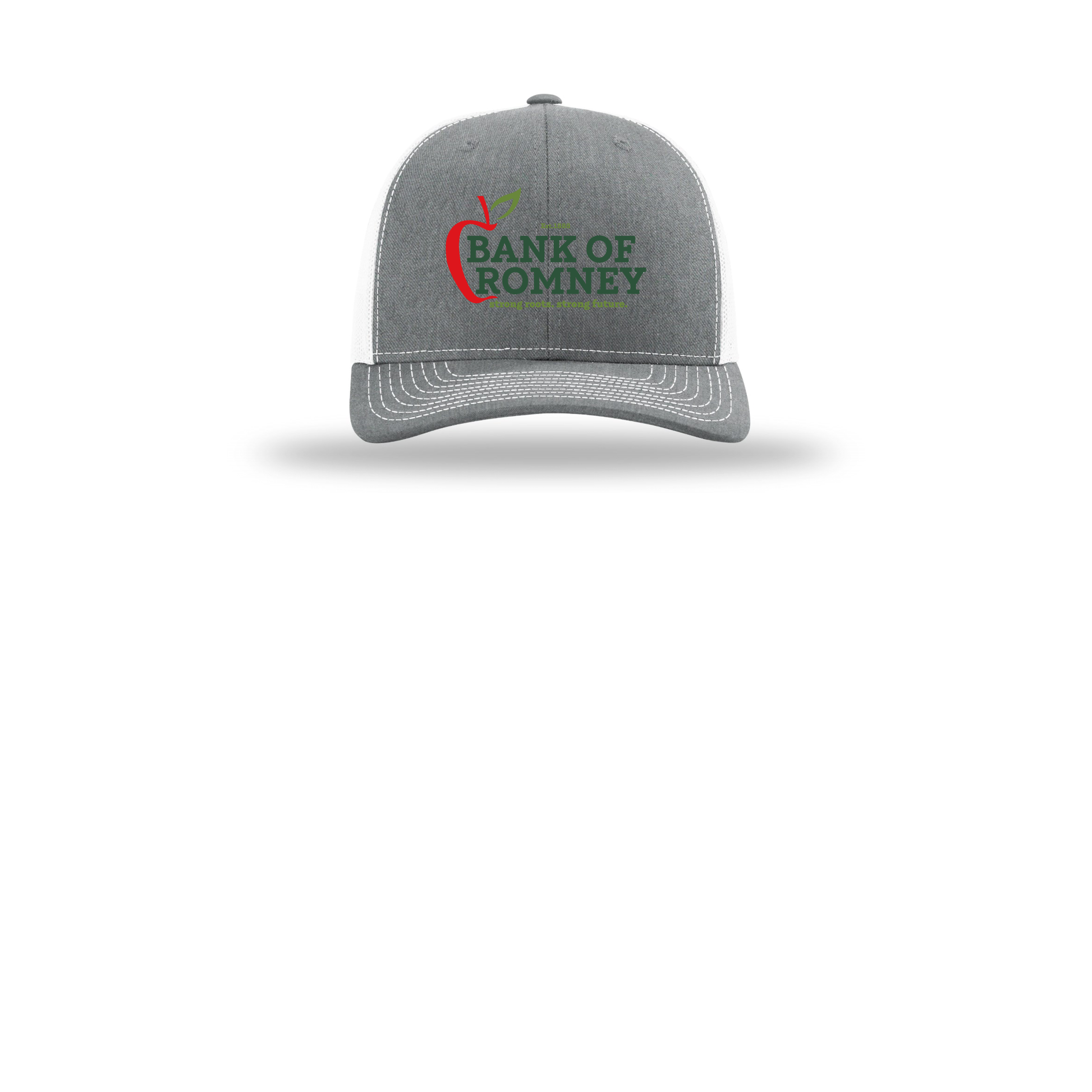 bankofromney-richardson-trucker-cap-embroidery-capfront-R112-heathergreywhite-flat-front