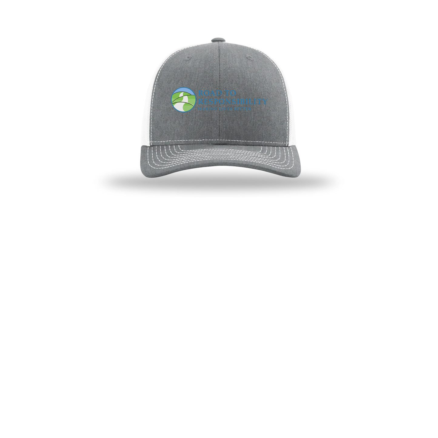 roadtoresponsibility-richardson-trucker-cap-embroidery-capfront-R112-heathergreywhite-flat-front