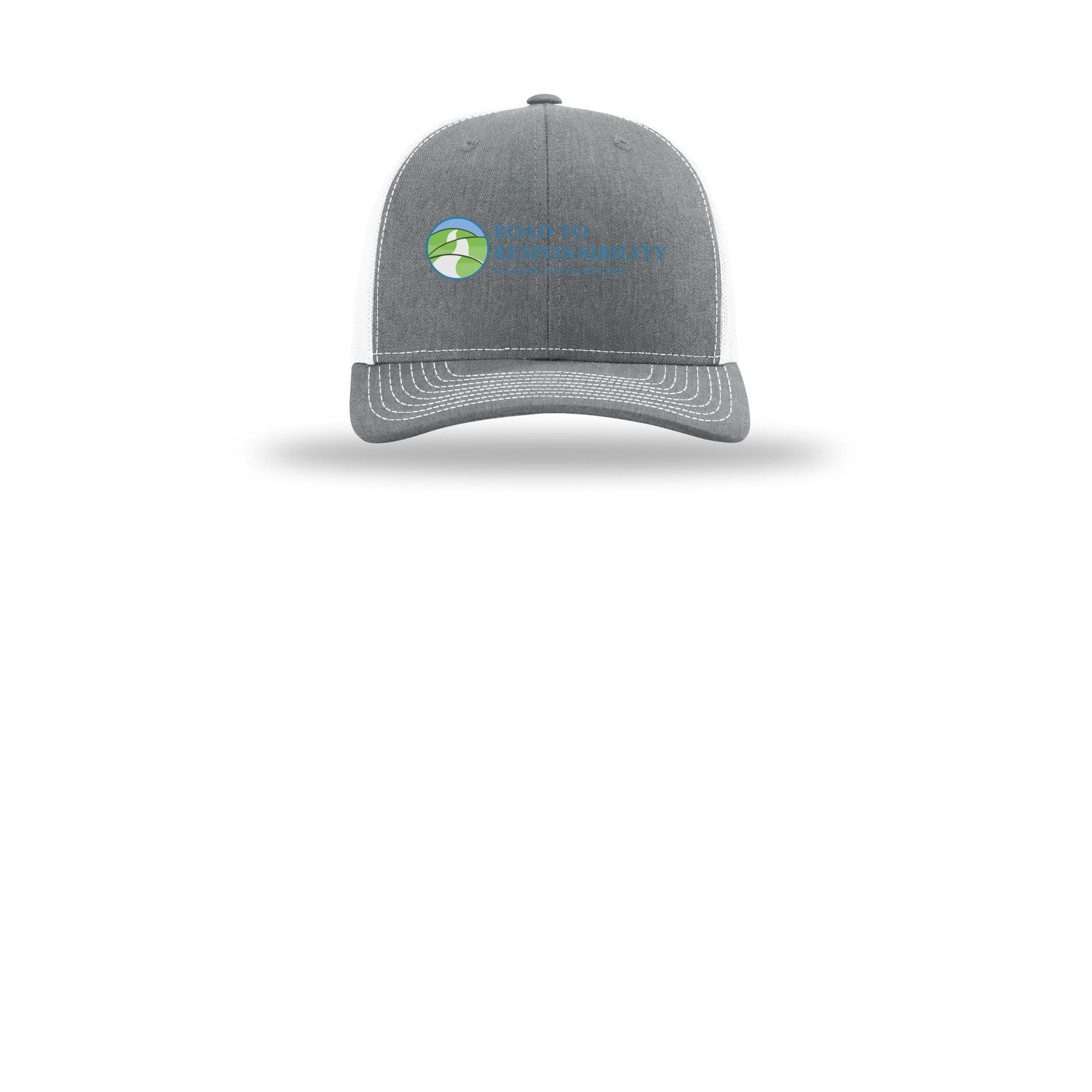 roadtoresponsibility-richardson-trucker-cap-embroidery-capfront-R112-heathergreywhite-flat-front