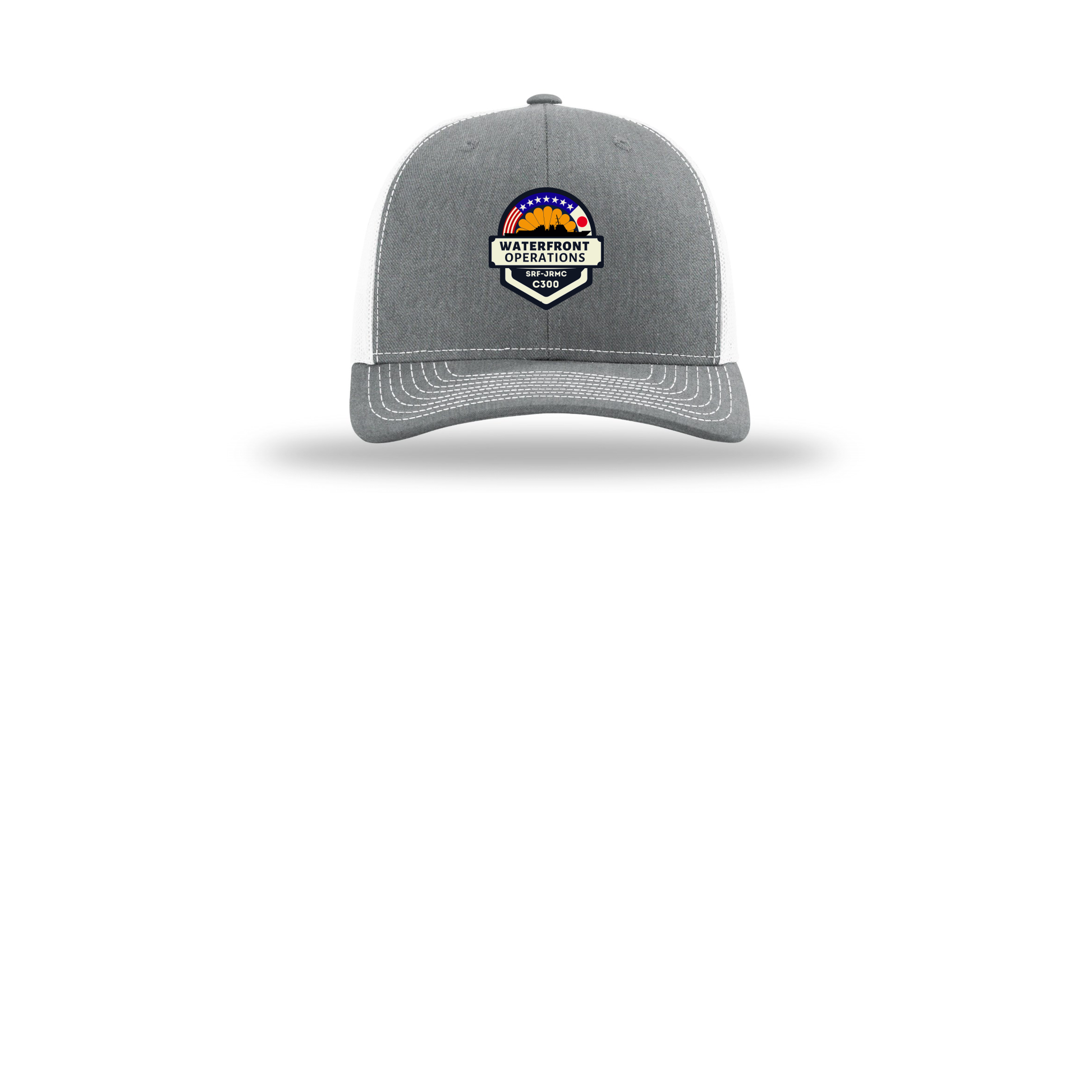 waterfront-operations-retro-trucker-cap-embroidery-capfront-R112-heathergreywhite-flat-front