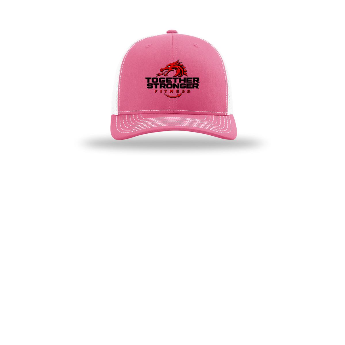 togetherstrongerfitness-richardson-trucker-cap-embroidery-capfront-R112-hotpinkwhite-flat-front