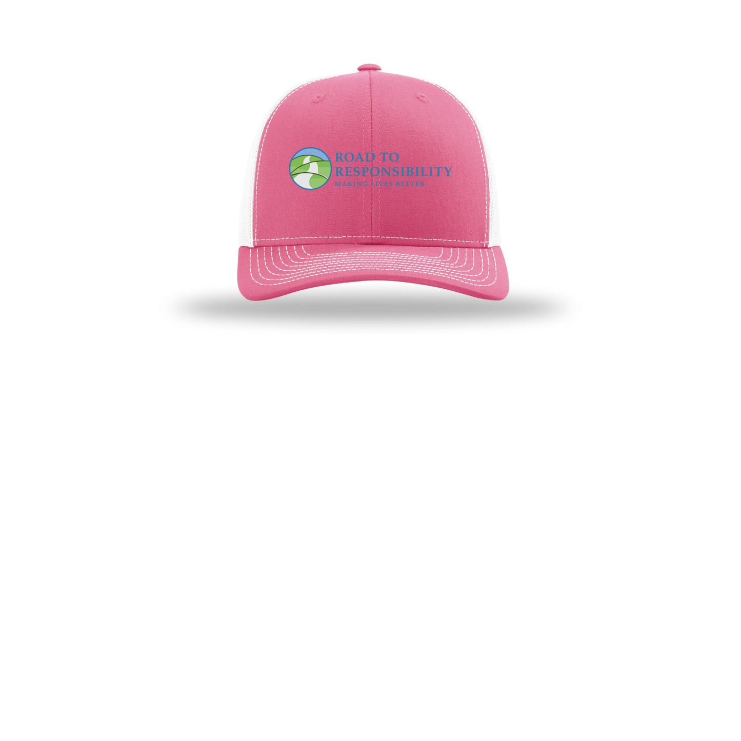 roadtoresponsibility-richardson-trucker-cap-embroidery-capfront-R112-hotpinkwhite-flat-front