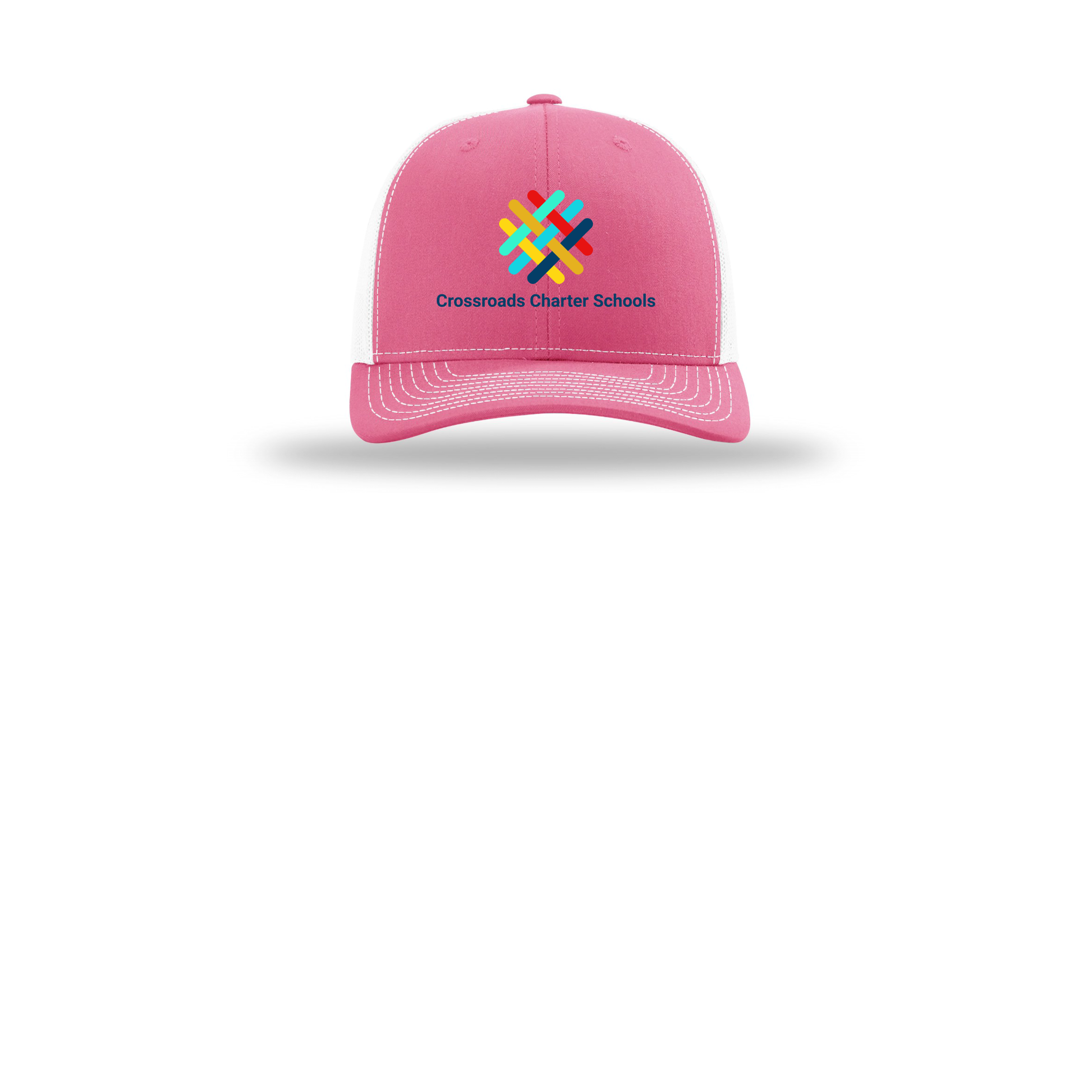 crossroadsschoolskc-richardson-trucker-cap-embroidery-capfront-R112-hotpinkwhite-flat-front