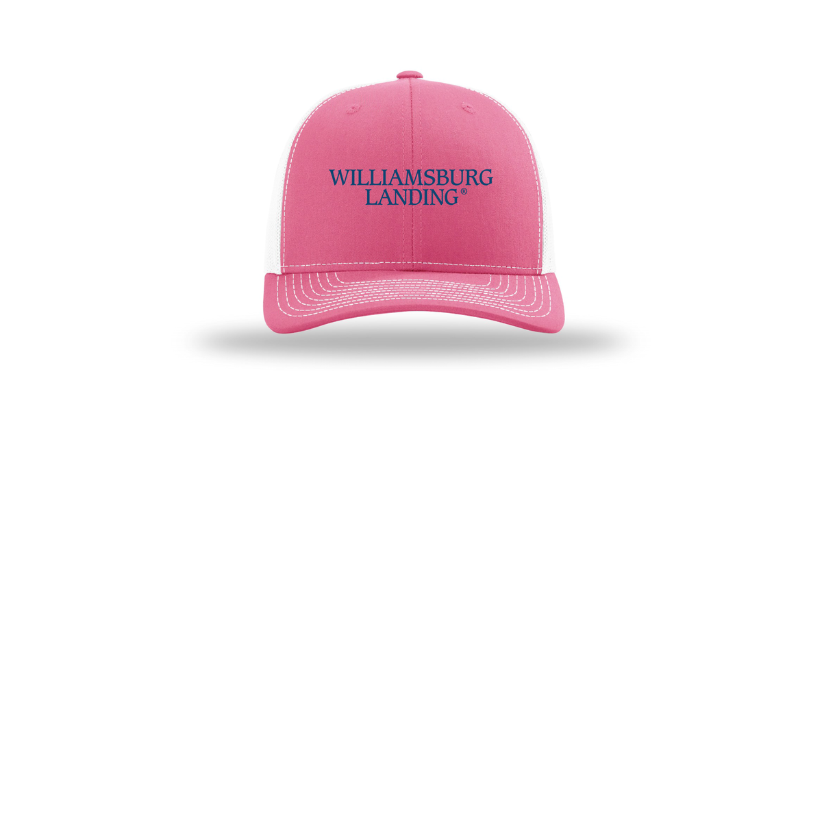 williamsburglanding-richardson-trucker-cap-embroidery-capfront-R112-hotpinkwhite-flat-front