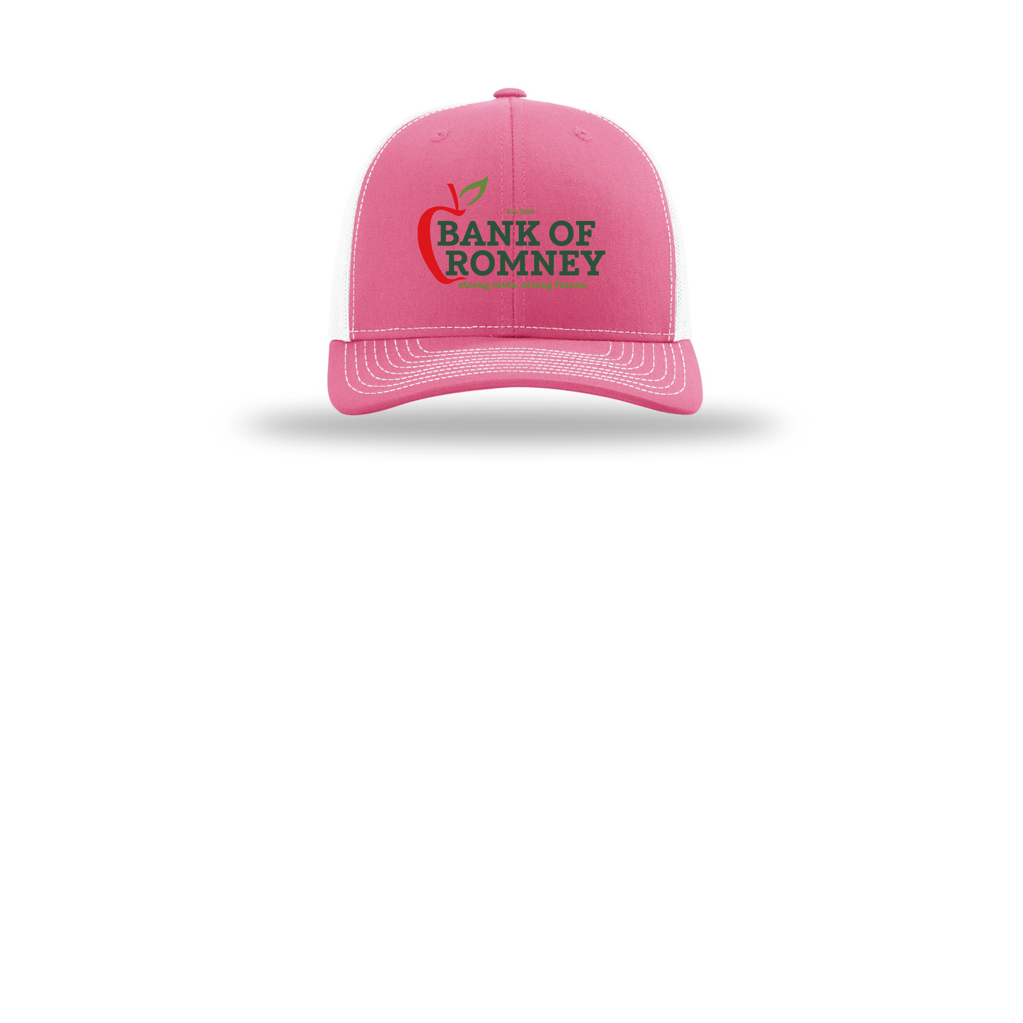 bankofromney-richardson-trucker-cap-embroidery-capfront-R112-hotpinkwhite-flat-front