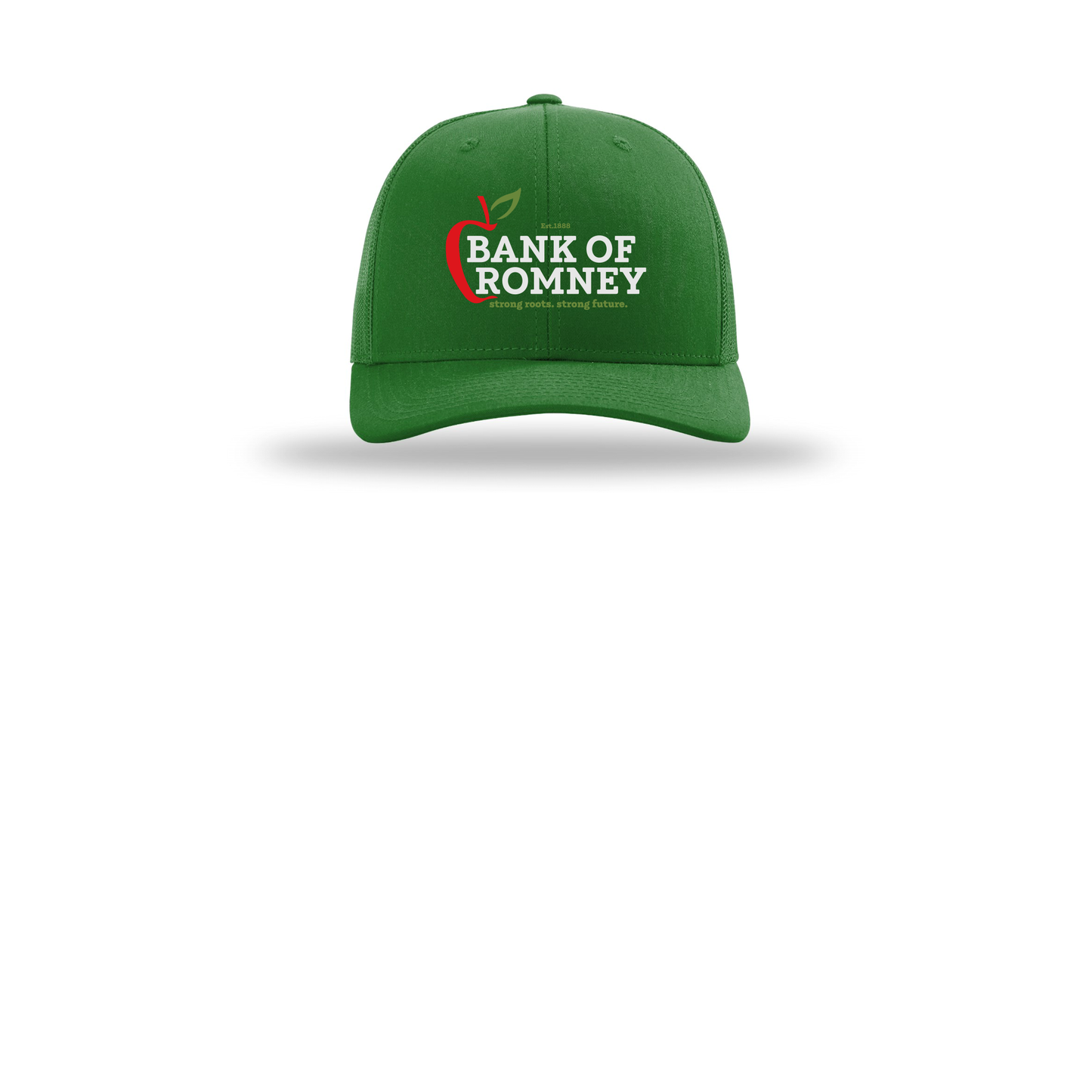 bankofromney-richardson-trucker-cap-embroidery-capfront-R112-kelly-flat-front