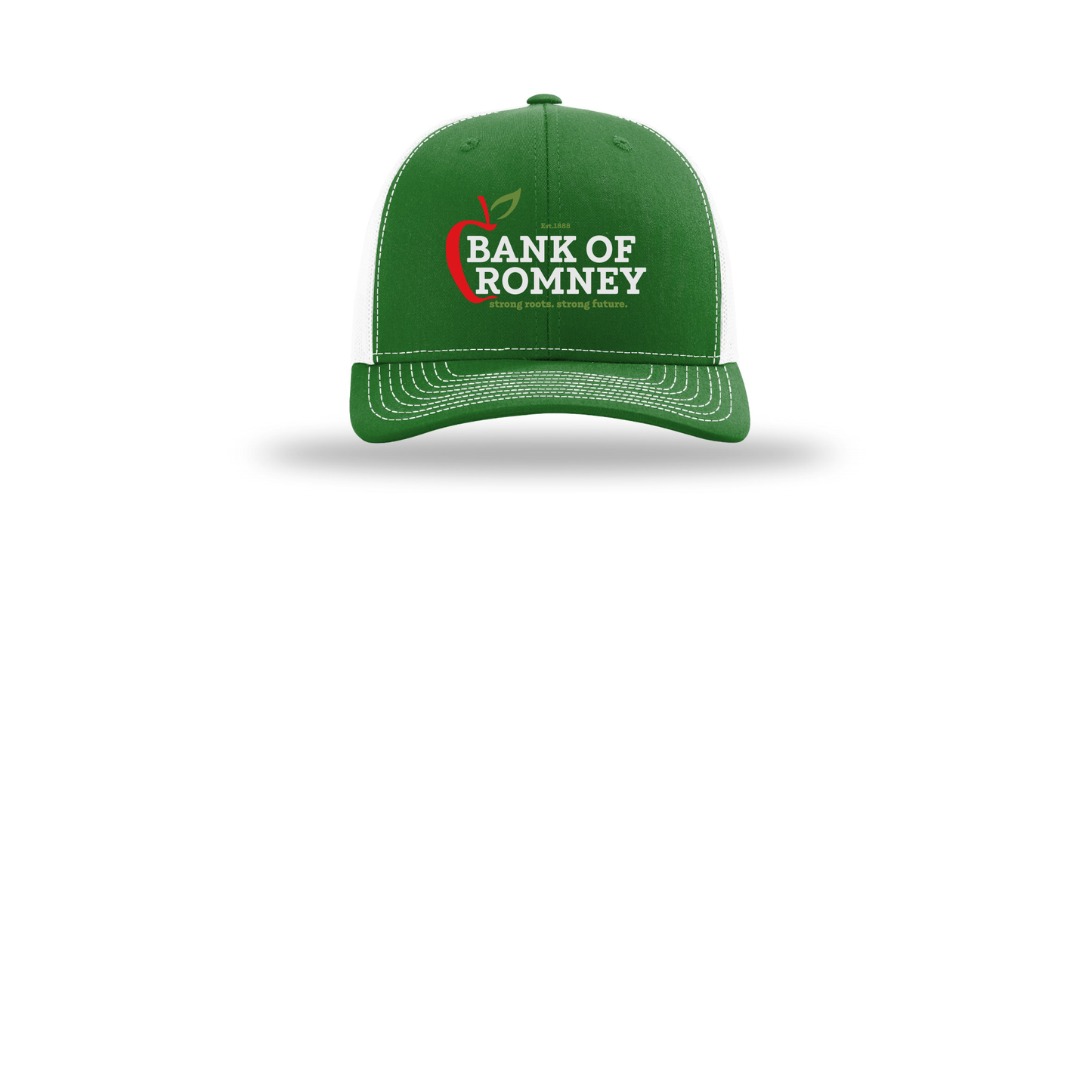 bankofromney-richardson-trucker-cap-embroidery-capfront-R112-kellywhite-flat-front