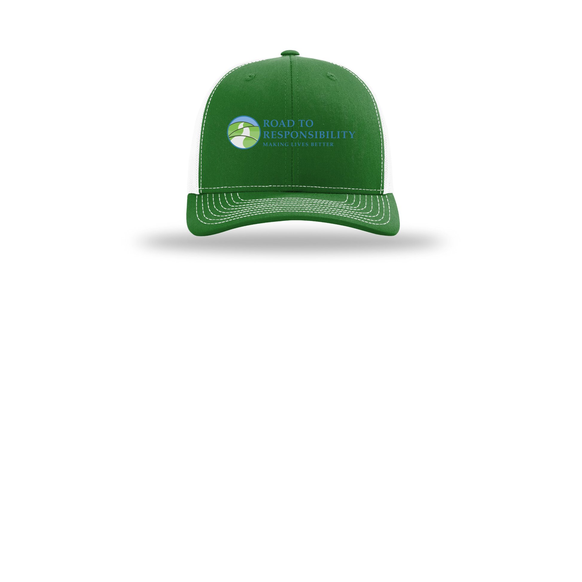 roadtoresponsibility-richardson-trucker-cap-embroidery-capfront-R112-kellywhite-flat-front