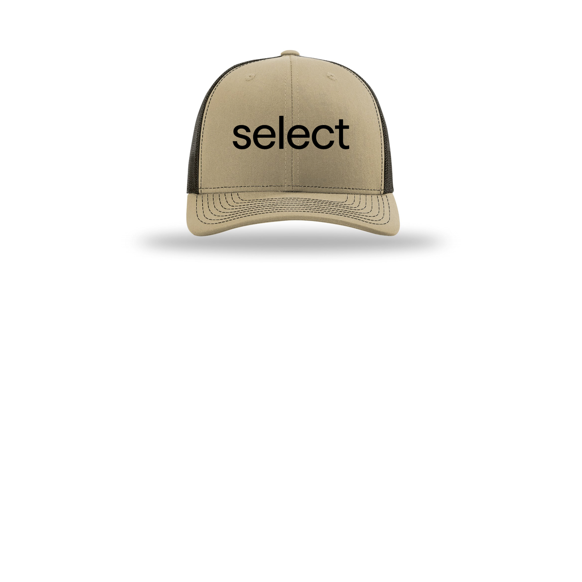 meetselect-richardson-trucker-cap-embroidery-capfront-R112-khakicoffee-flat-front