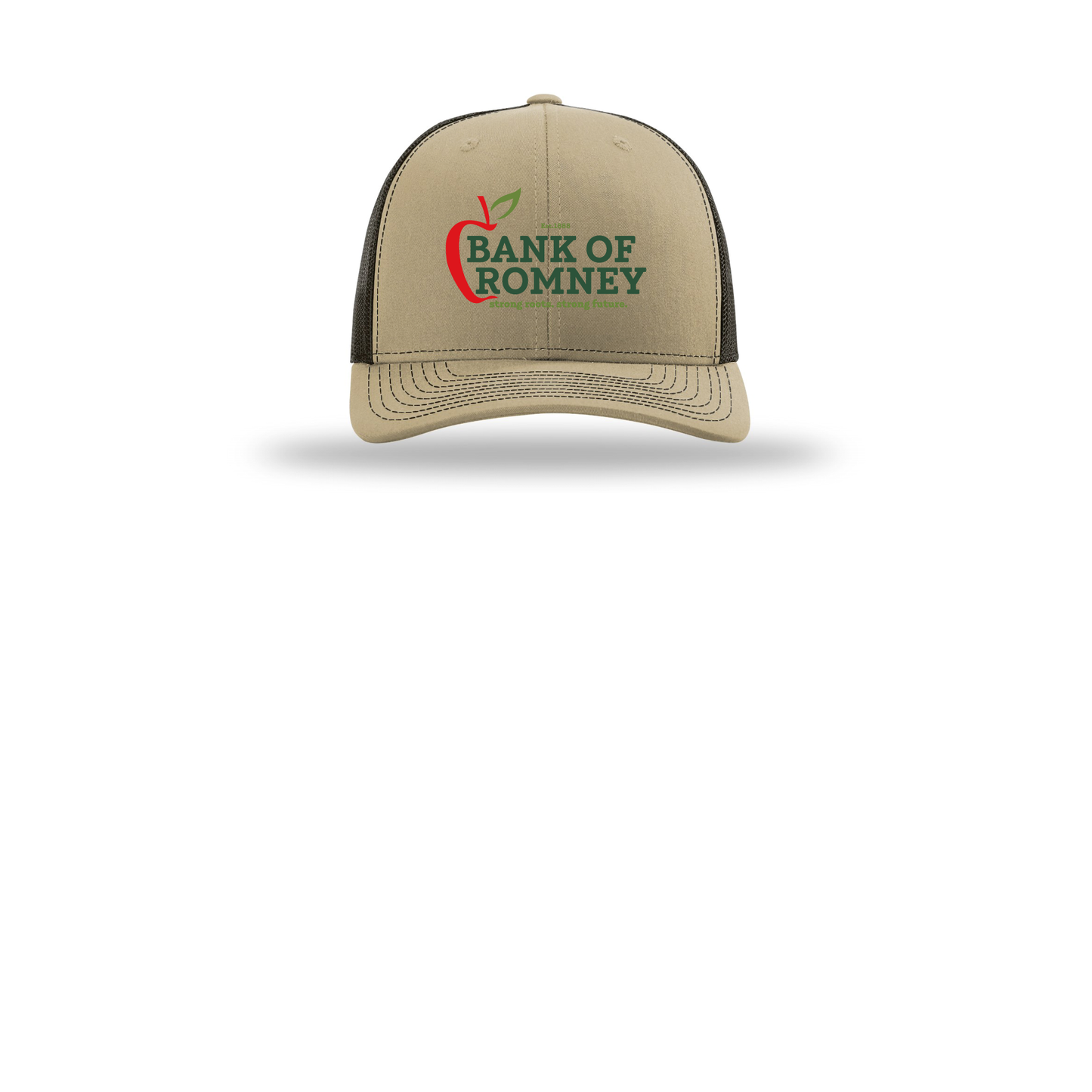 bankofromney-richardson-trucker-cap-embroidery-capfront-R112-khakicoffee-flat-front