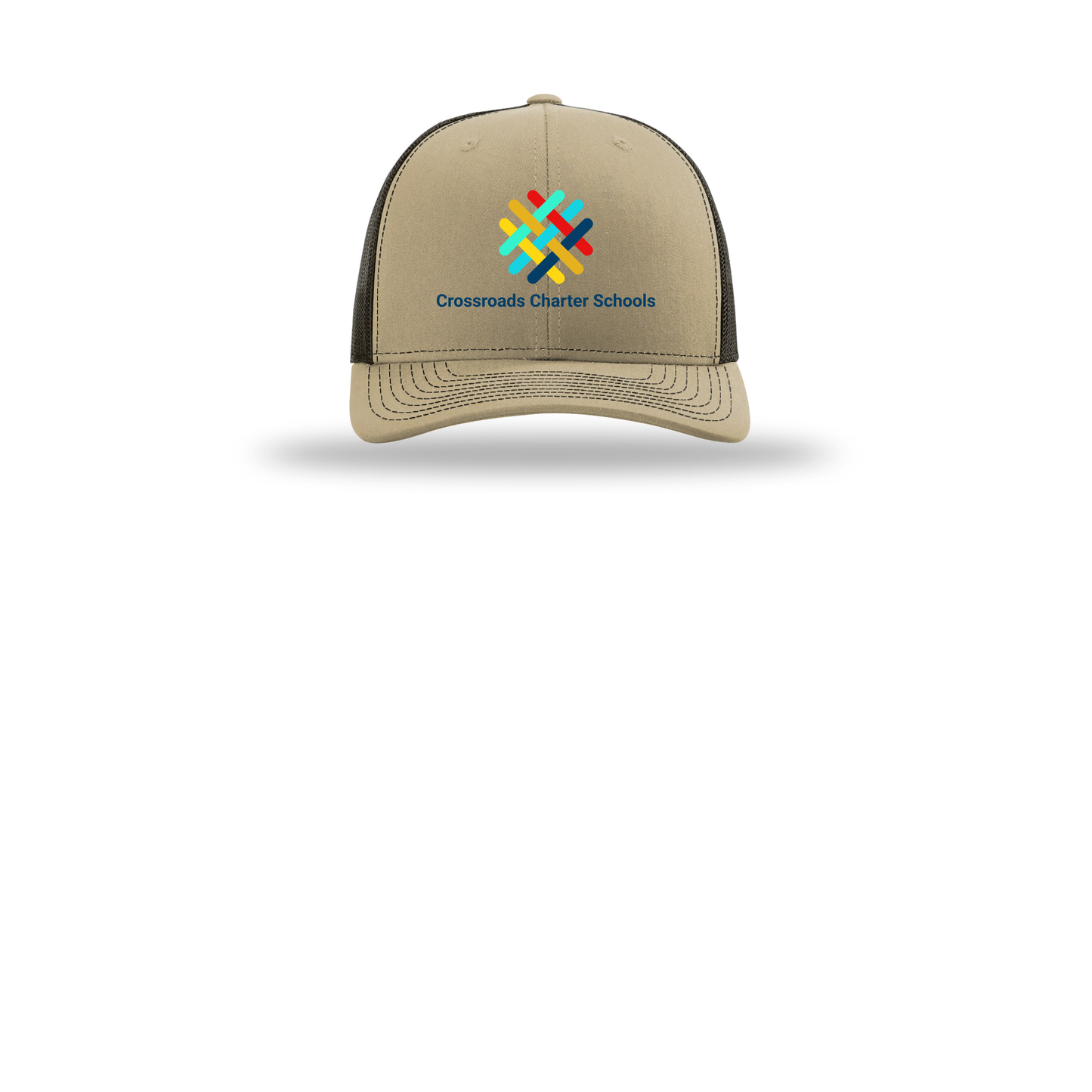 crossroadsschoolskc-richardson-trucker-cap-embroidery-capfront-R112-khakicoffee-flat-front