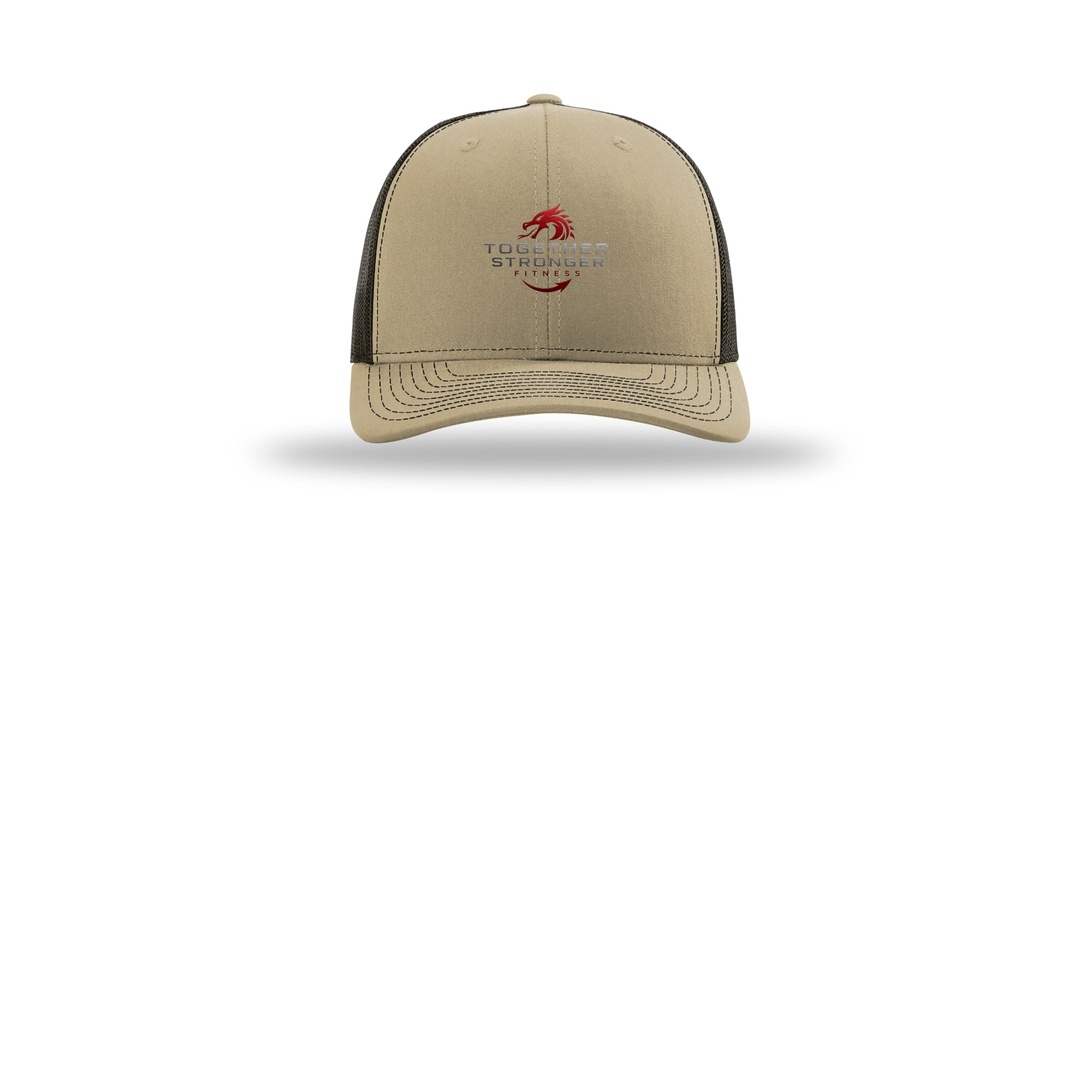togetherstrongerfitness-richardson-trucker-cap-embroidery-capfront-R112-khakicoffee-flat-front