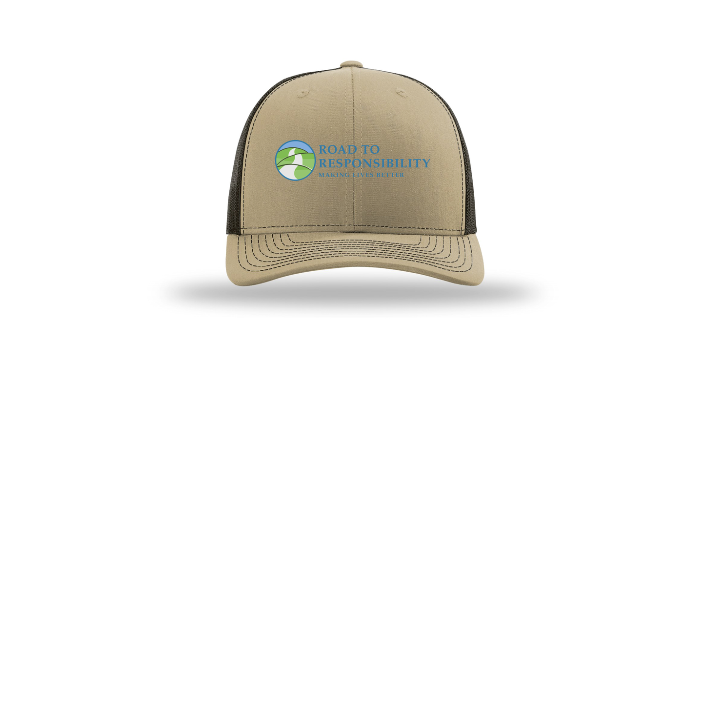 roadtoresponsibility-richardson-trucker-cap-embroidery-capfront-R112-khakicoffee-flat-front
