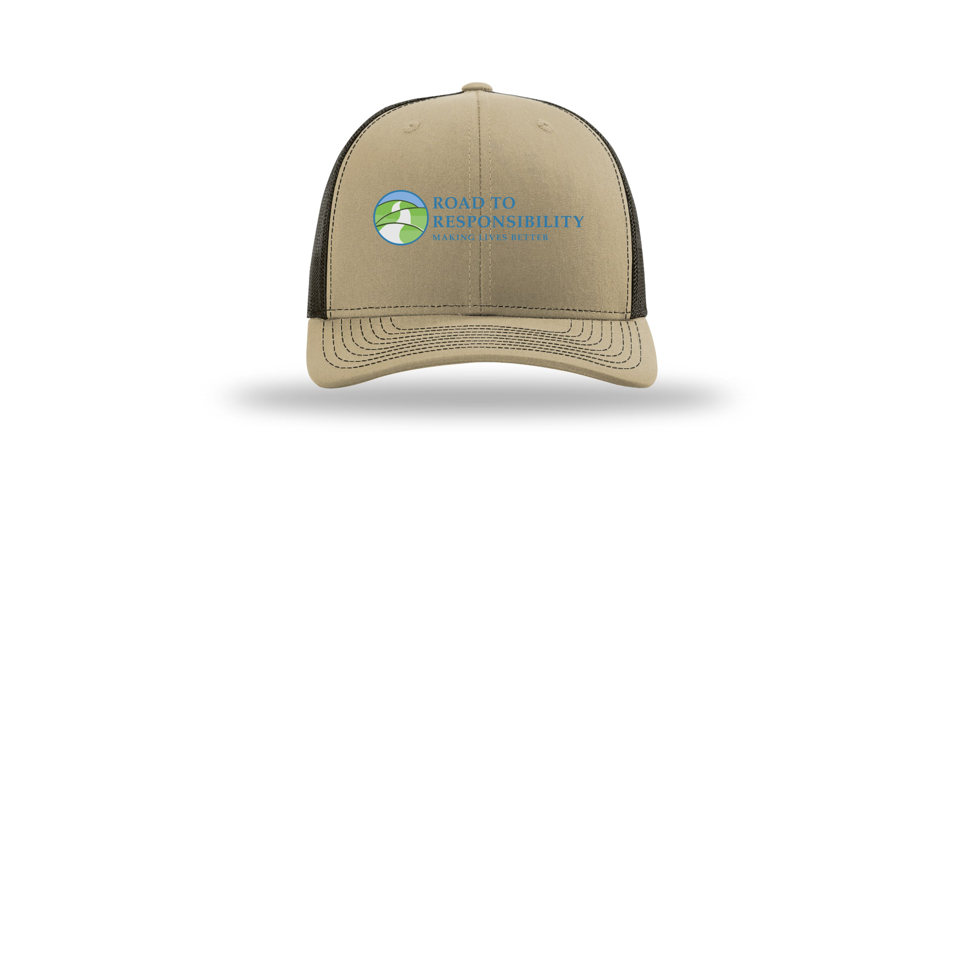 roadtoresponsibility-richardson-trucker-cap-embroidery-capfront-R112-khakicoffee-flat-front