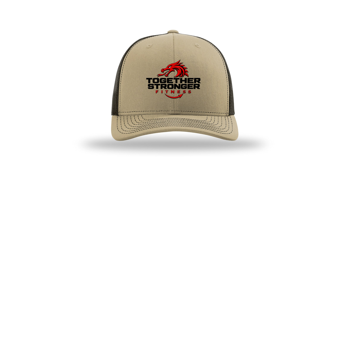 togetherstrongerfitness-richardson-trucker-cap-embroidery-capfront-R112-khakicoffee-flat-front