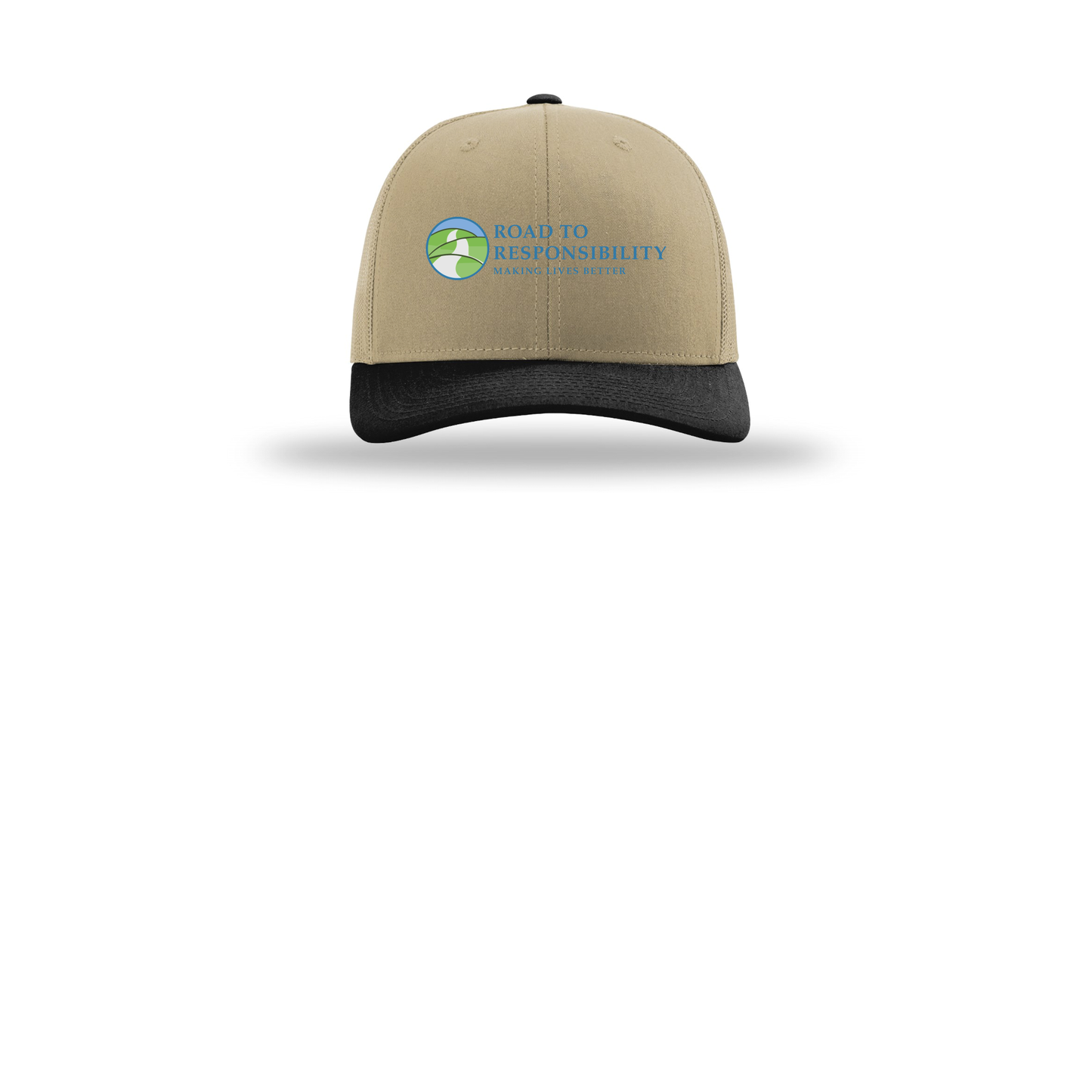 roadtoresponsibility-richardson-trucker-cap-embroidery-capfront-R112-khakikhakiblack-flat-front