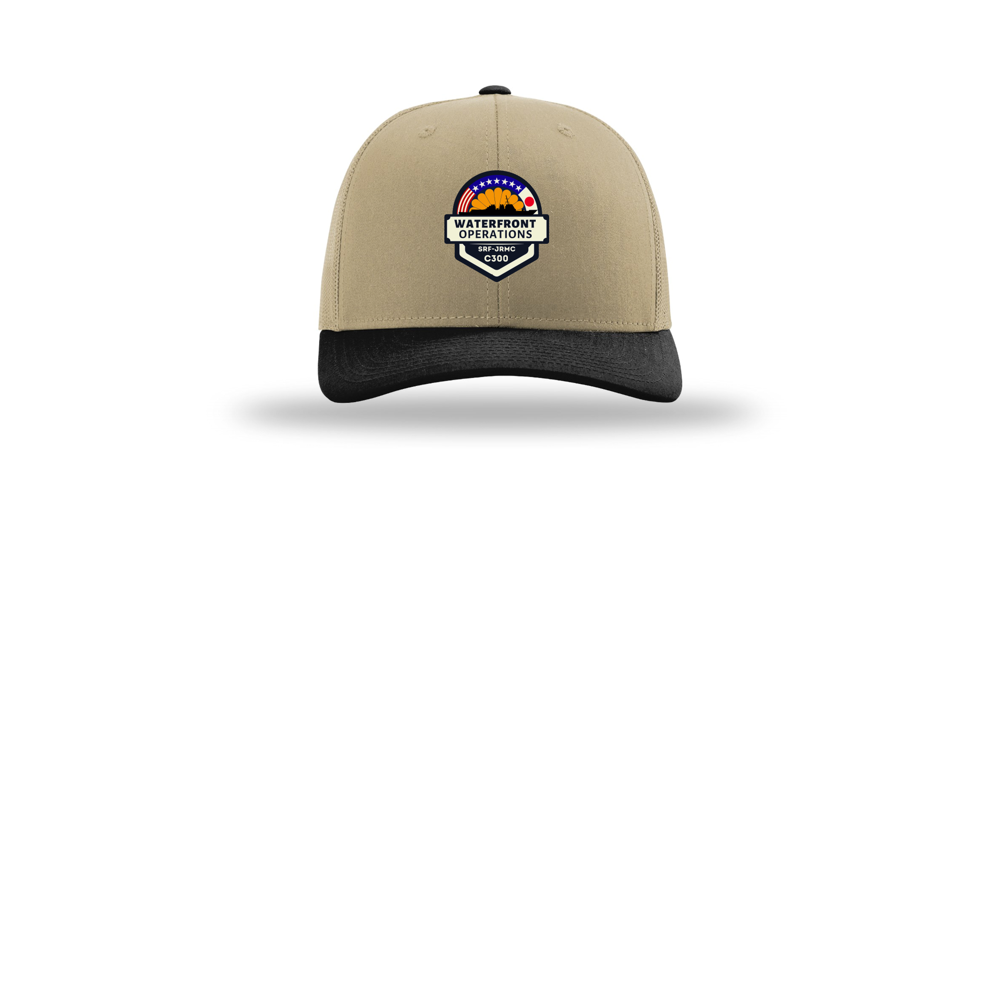 waterfront-operations-retro-trucker-cap-embroidery-capfront-R112-khakikhakiblack-flat-front
