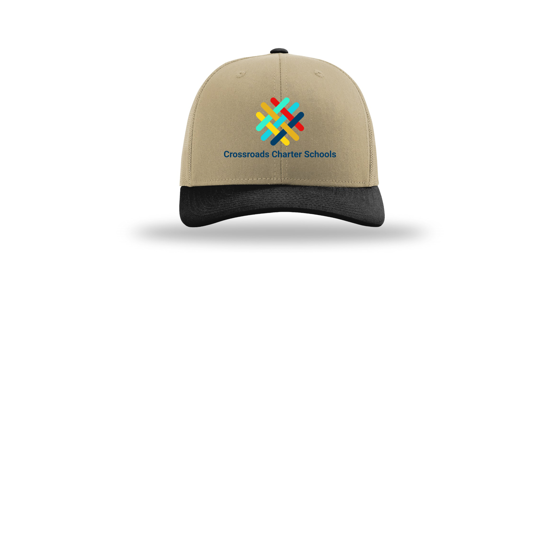 crossroadsschoolskc-richardson-trucker-cap-embroidery-capfront-R112-khakikhakiblack-flat-front