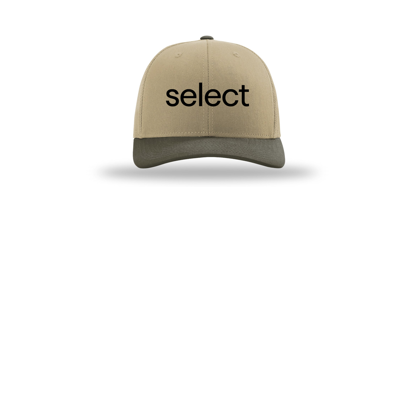 meetselect-richardson-trucker-cap-embroidery-capfront-R112-khakikhakichocolatechip-flat-front