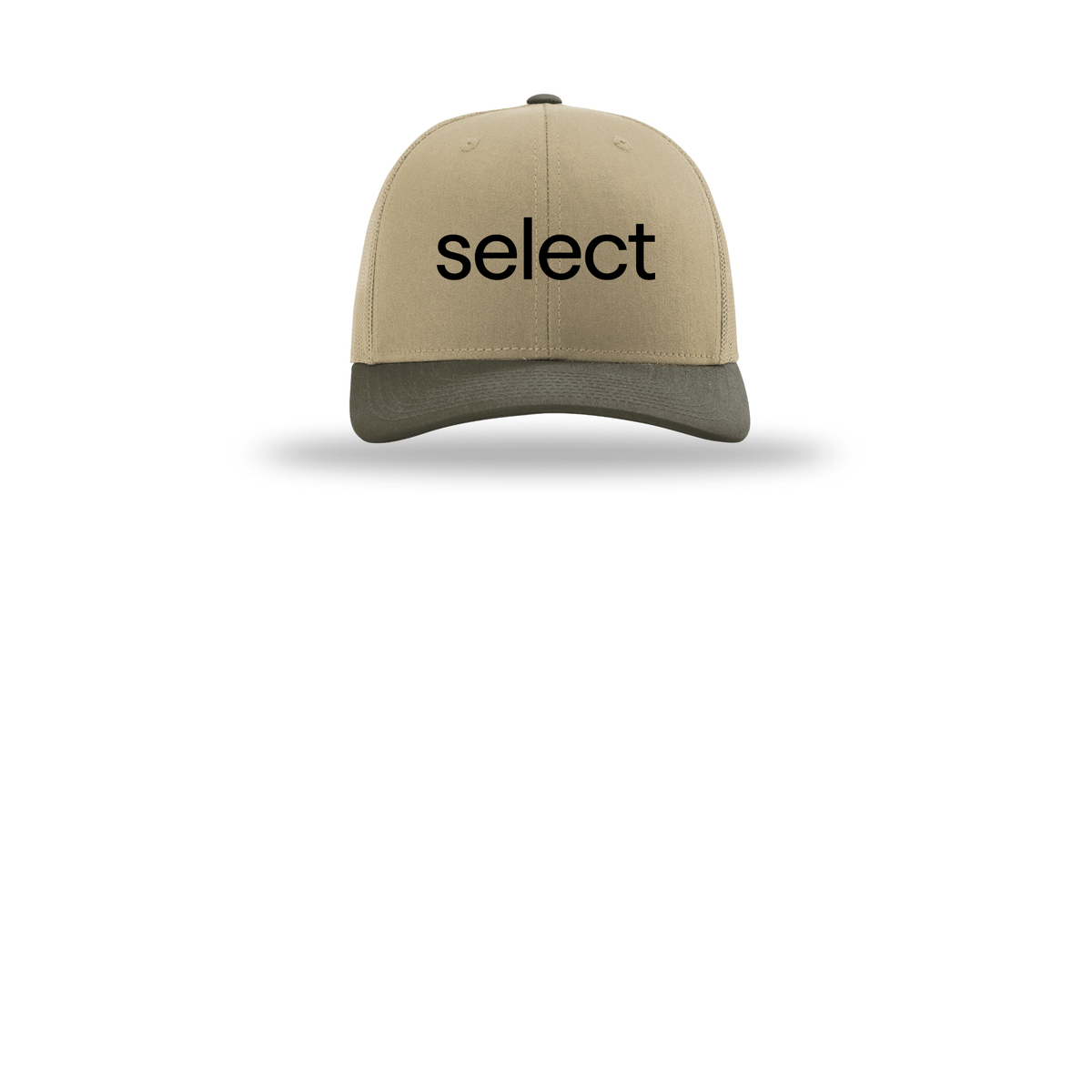 meetselect-richardson-trucker-cap-embroidery-capfront-R112-khakikhakichocolatechip-flat-front