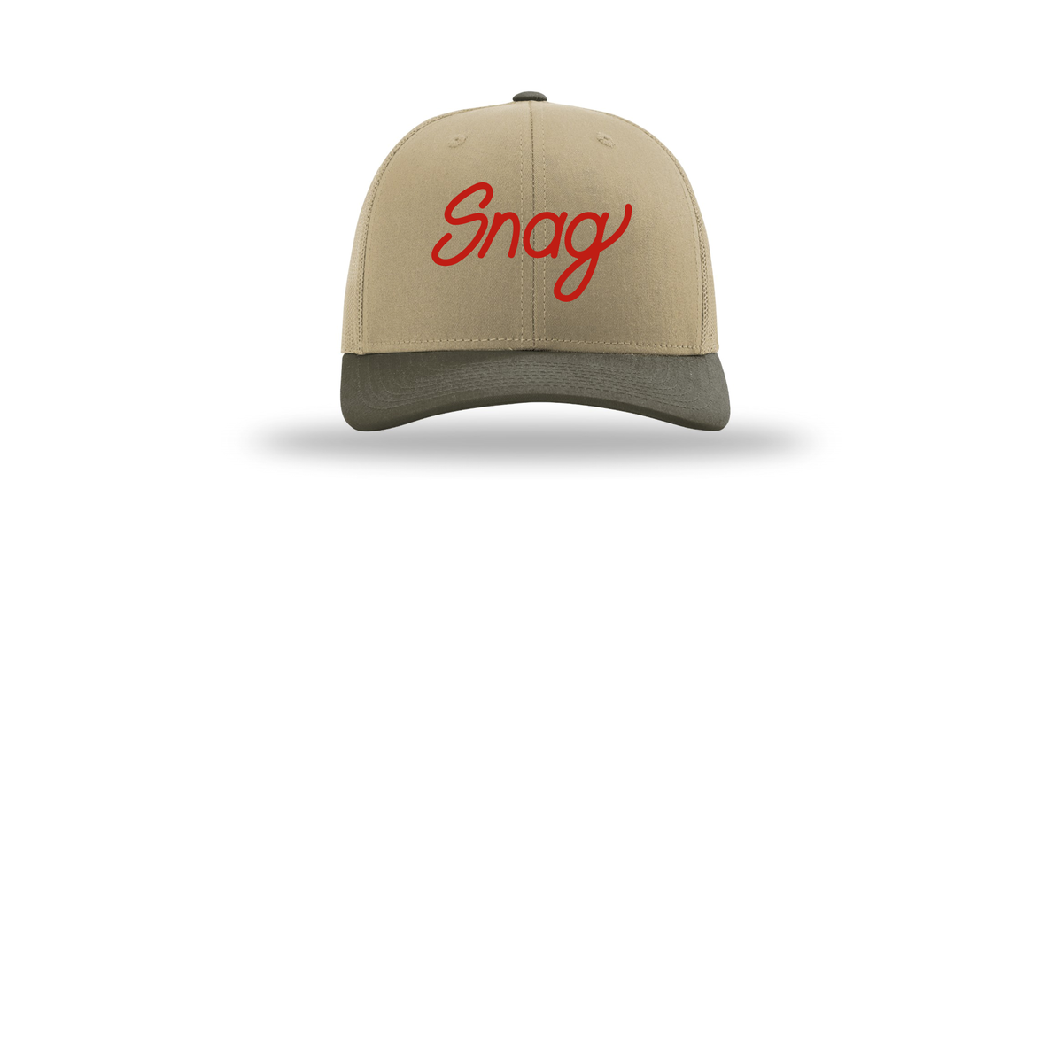 snagdelivery-richardson-trucker-cap-embroidery-capfront-R112-khakikhakichocolatechip-flat-front