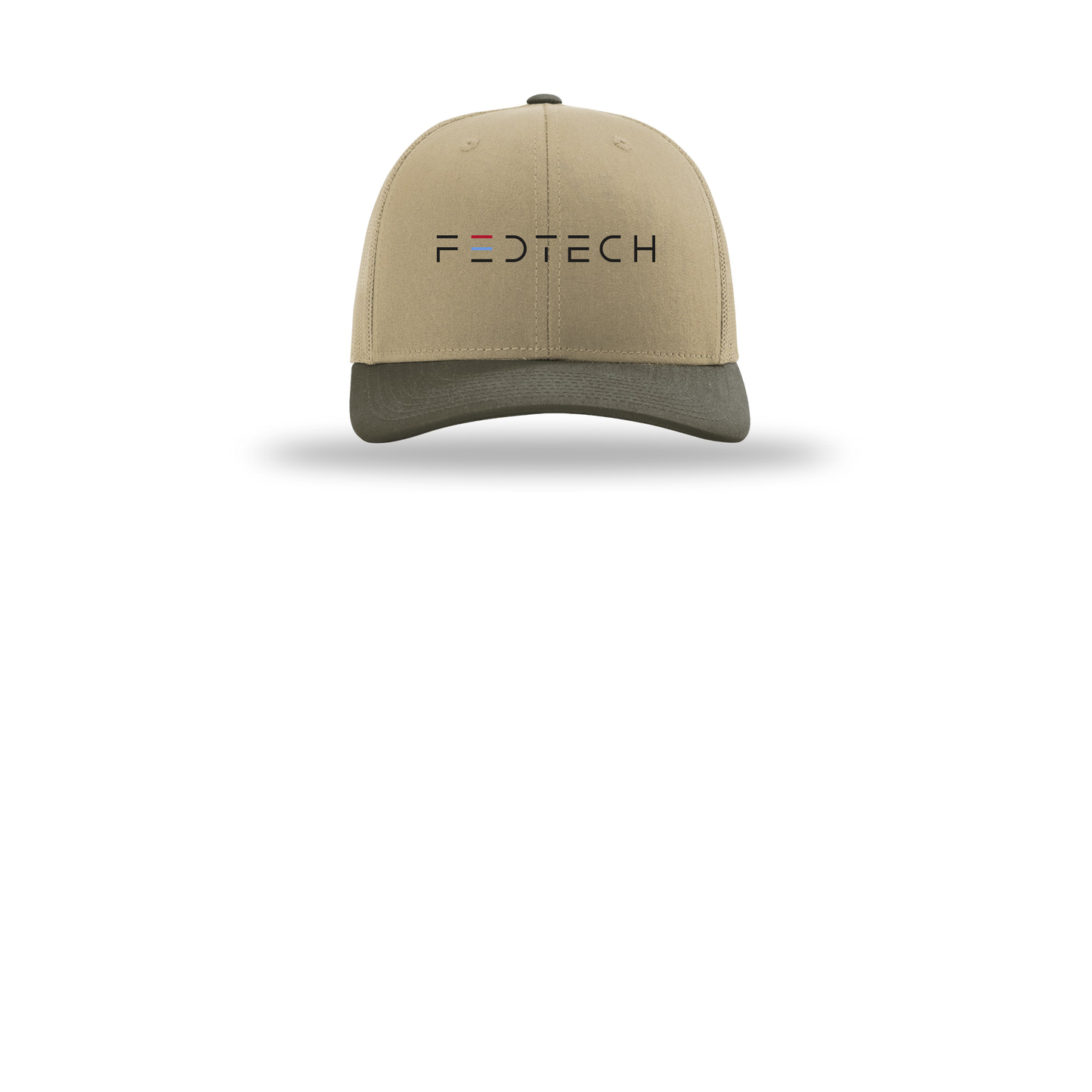 fedtech-richardson-trucker-cap-embroidery-capfront-R112-khakikhakichocolatechip-flat-front