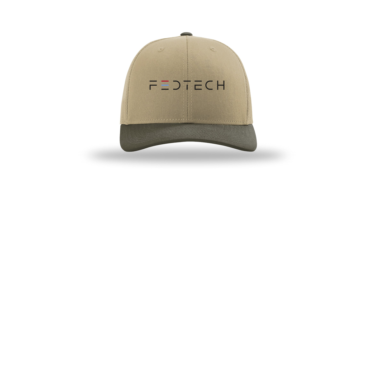 fedtech-richardson-trucker-cap-embroidery-capfront-R112-khakikhakichocolatechip-flat-front