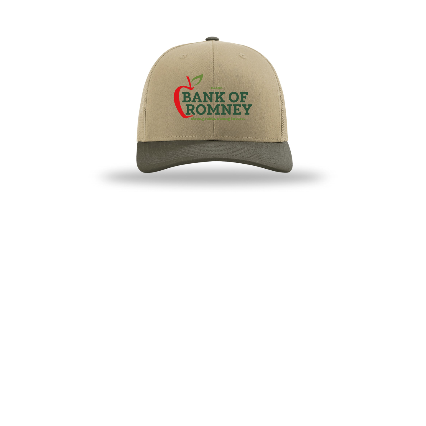 bankofromney-richardson-trucker-cap-embroidery-capfront-R112-khakikhakichocolatechip-flat-front