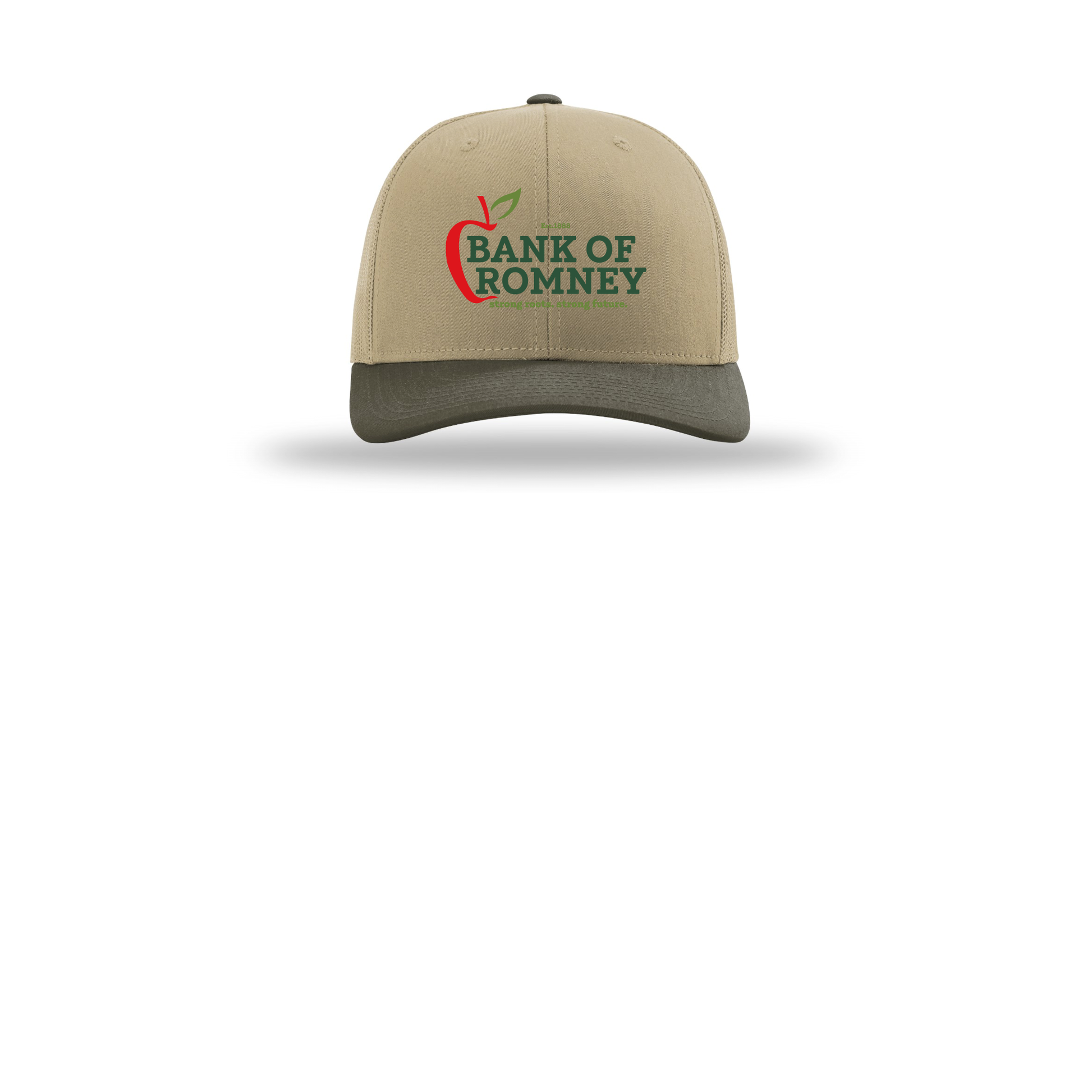 bankofromney-richardson-trucker-cap-embroidery-capfront-R112-khakikhakichocolatechip-flat-front