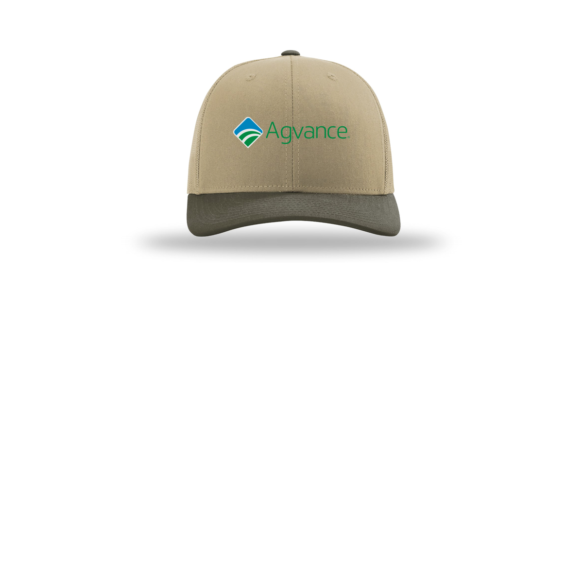agvance-richardson-trucker-cap-embroidery-capfront-R112-khakikhakichocolatechip-flat-front