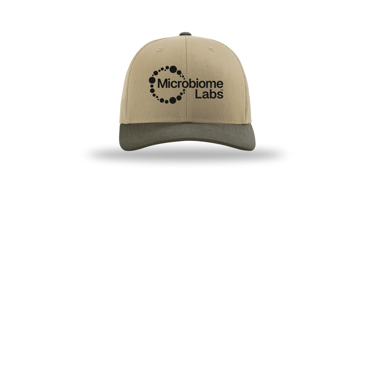 microbiomelabs-richardson-trucker-cap-embroidery-capfront-R112-khakikhakichocolatechip-flat-front