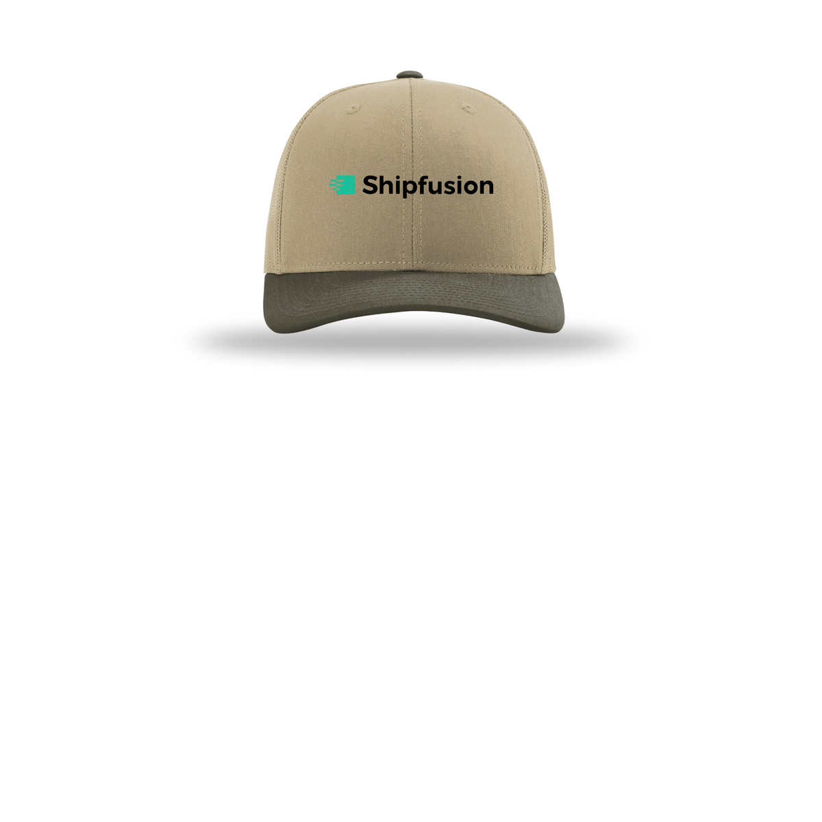 shipfusion-richardson-trucker-cap-embroidery-capfront-R112-khakikhakichocolatechip-flat-front