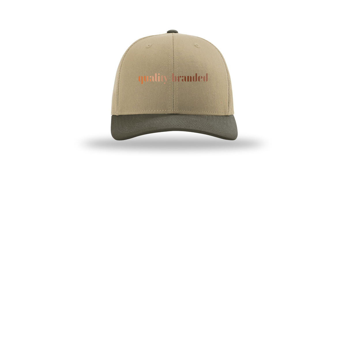qualitybranded-richardson-trucker-cap-embroidery-capfront-R112-khakikhakichocolatechip-flat-front