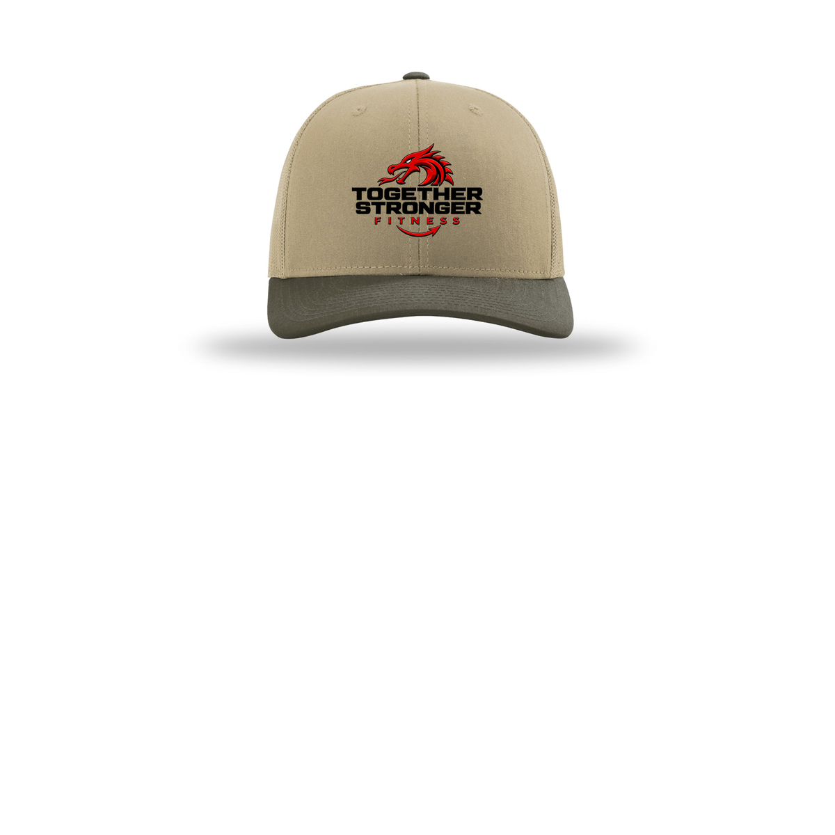 togetherstrongerfitness-richardson-trucker-cap-embroidery-capfront-R112-khakikhakichocolatechip-flat-front