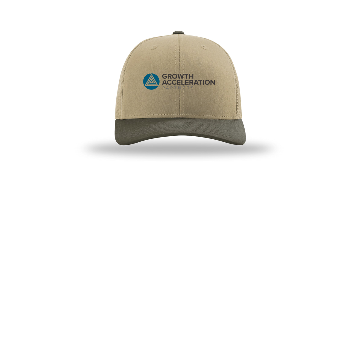 growthaccelerationpartners-richardson-trucker-cap-embroidery-capfront-R112-khakikhakichocolatechip-flat-front