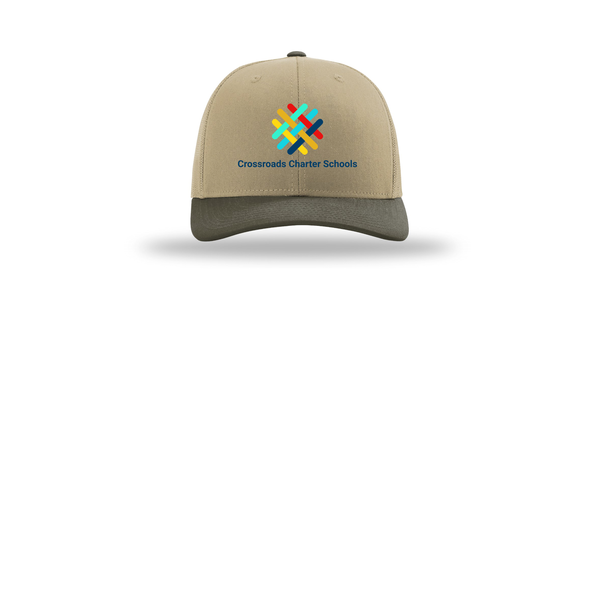 crossroadsschoolskc-richardson-trucker-cap-embroidery-capfront-R112-khakikhakichocolatechip-flat-front