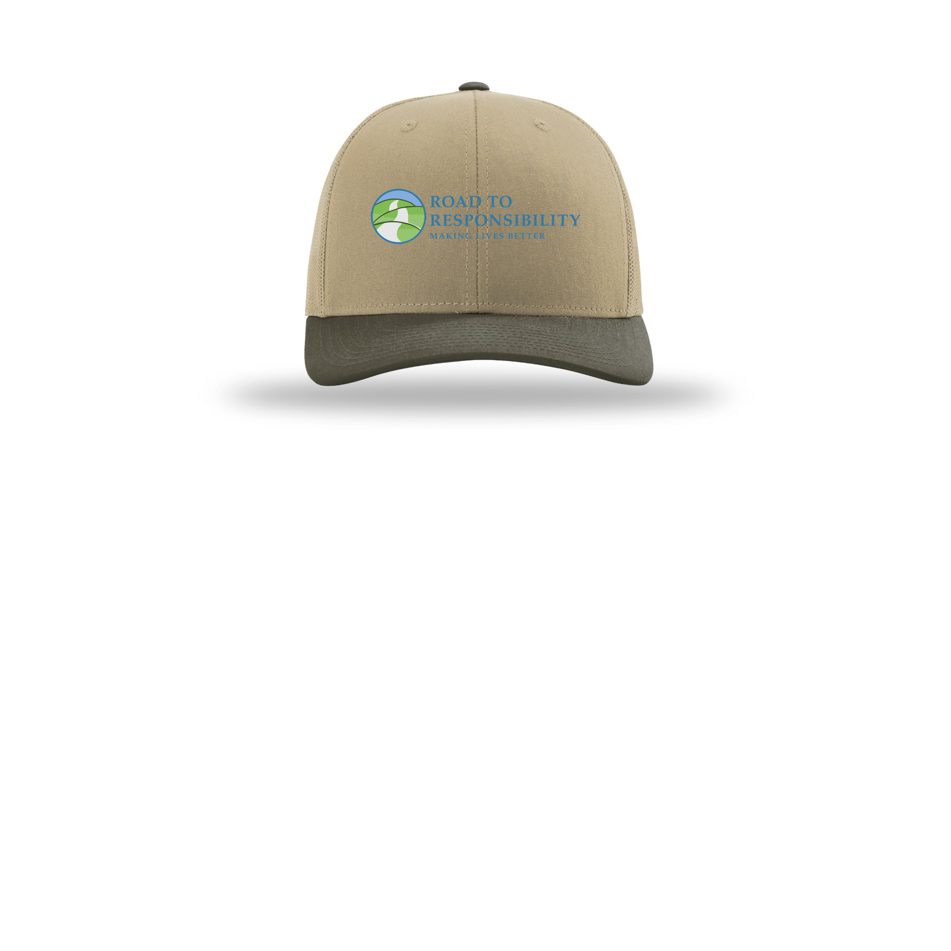 roadtoresponsibility-richardson-trucker-cap-embroidery-capfront-R112-khakikhakichocolatechip-flat-front