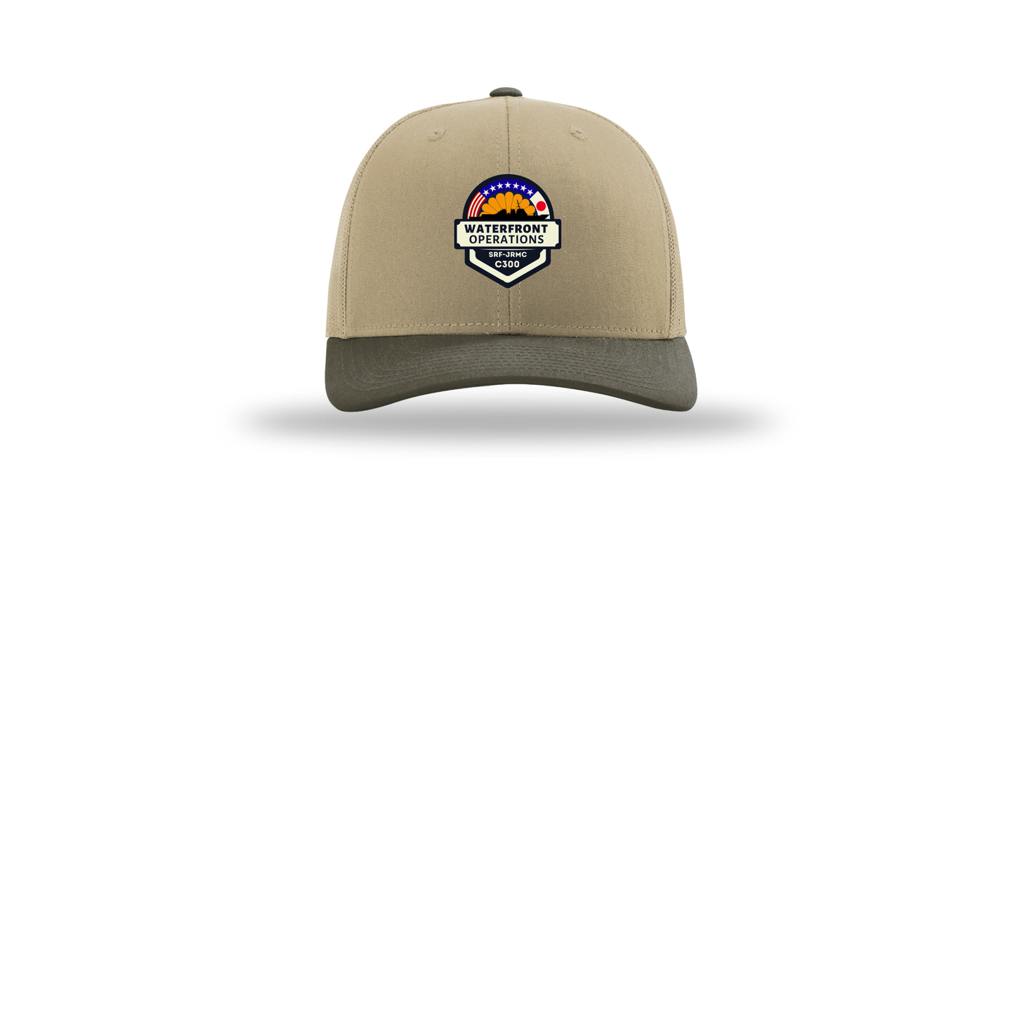 waterfront-operations-retro-trucker-cap-embroidery-capfront-R112-khakikhakichocolatechip-flat-front