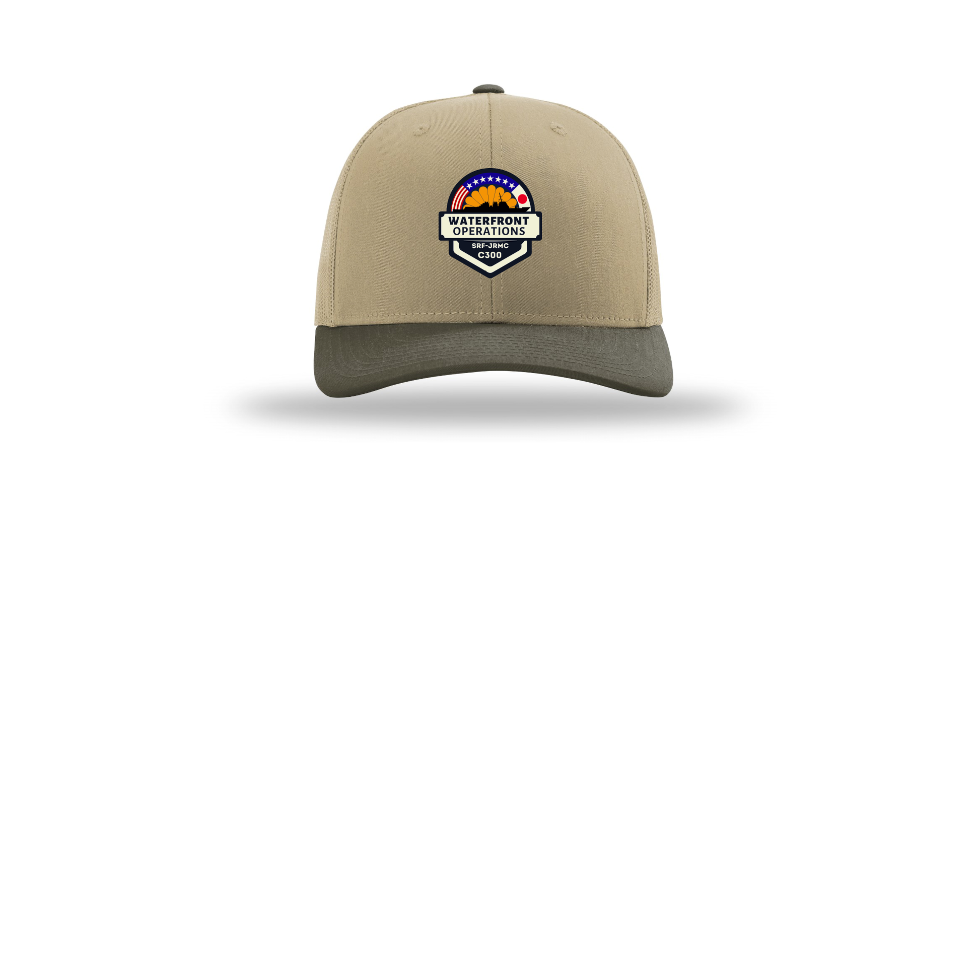 waterfront-operations-retro-trucker-cap-embroidery-capfront-R112-khakikhakichocolatechip-flat-front