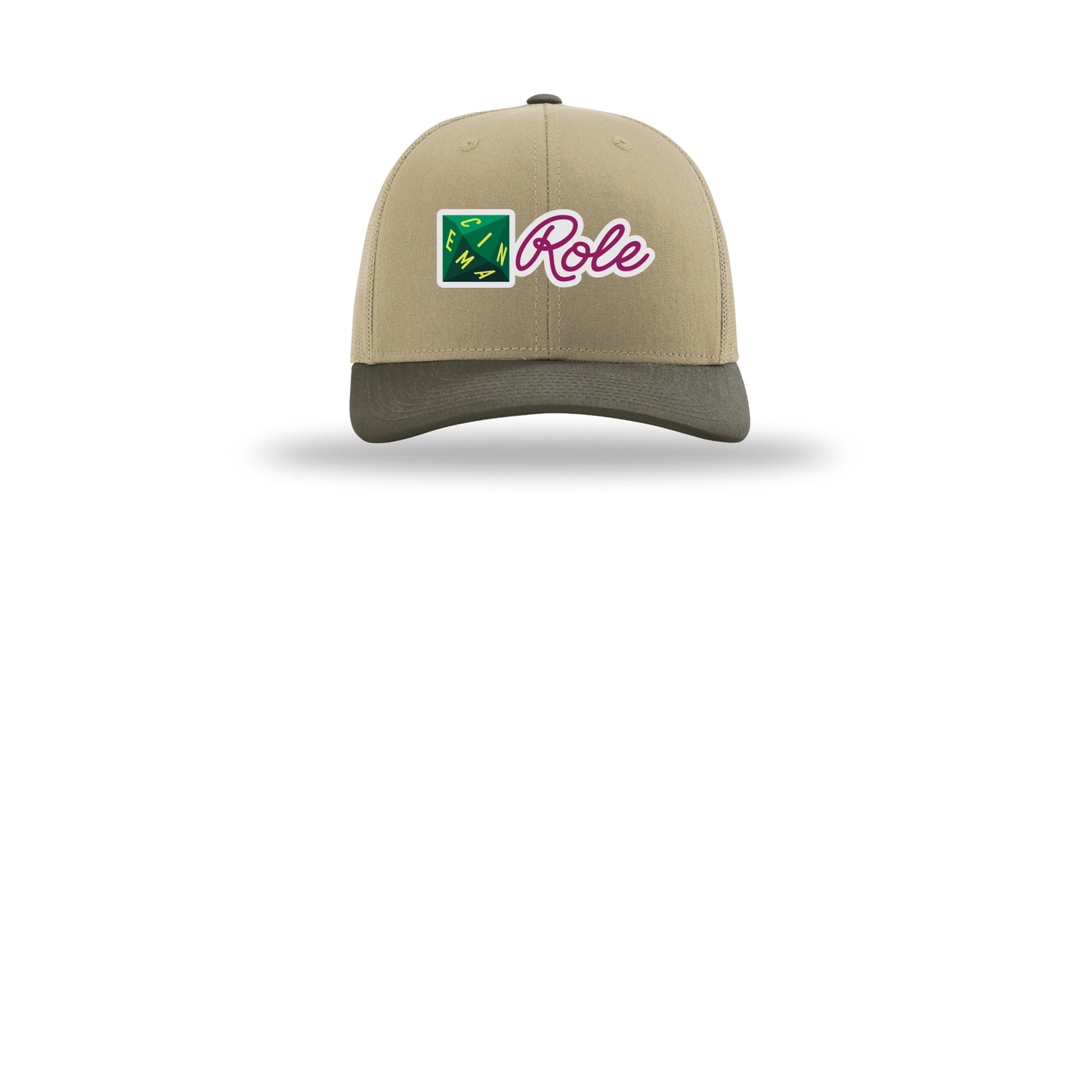 cinemarole-richardson-trucker-cap-embroidery-capfront-R112-khakikhakichocolatechip-flat-front