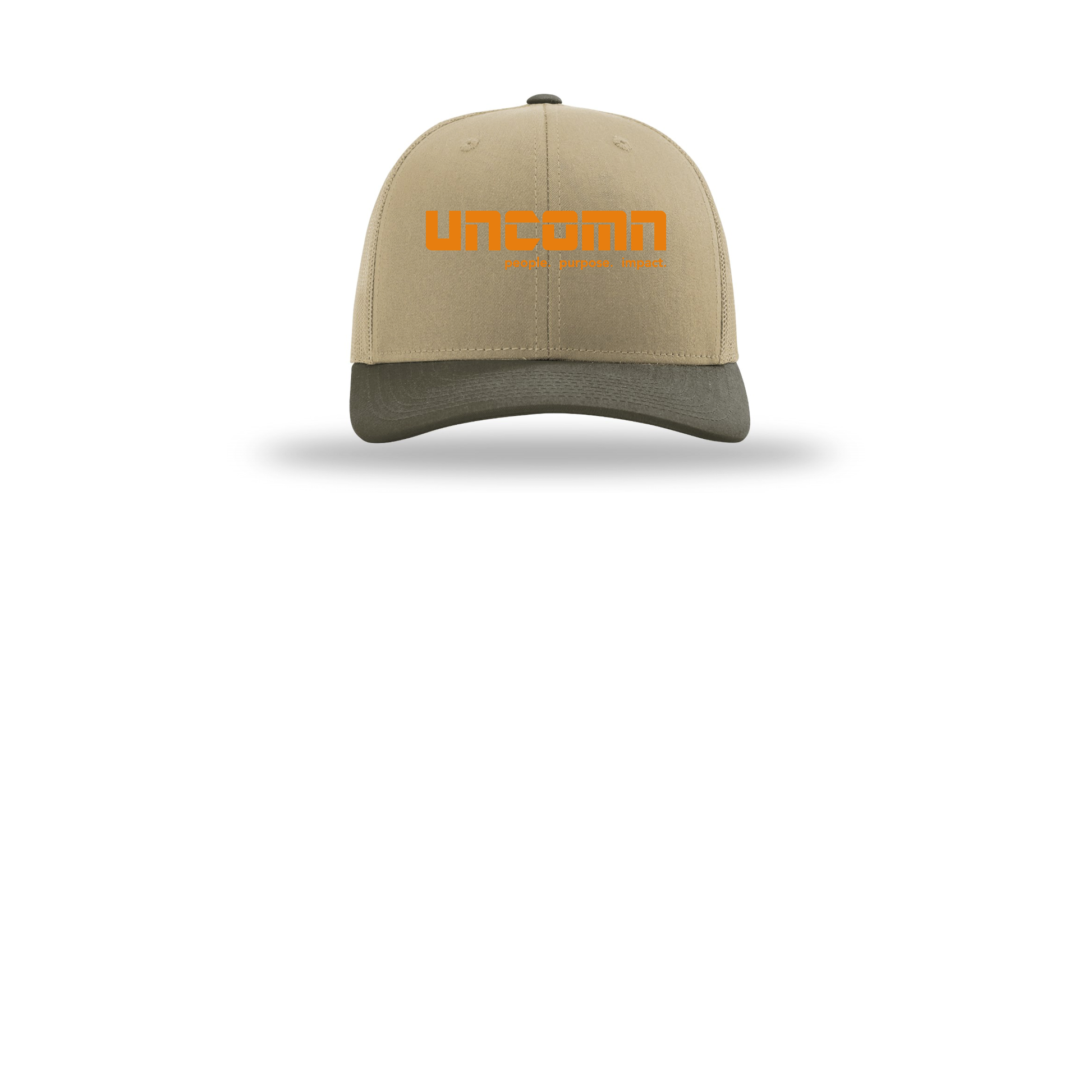 uncomn-richardson-trucker-cap-embroidery-capfront-R112-khakikhakichocolatechip-flat-front