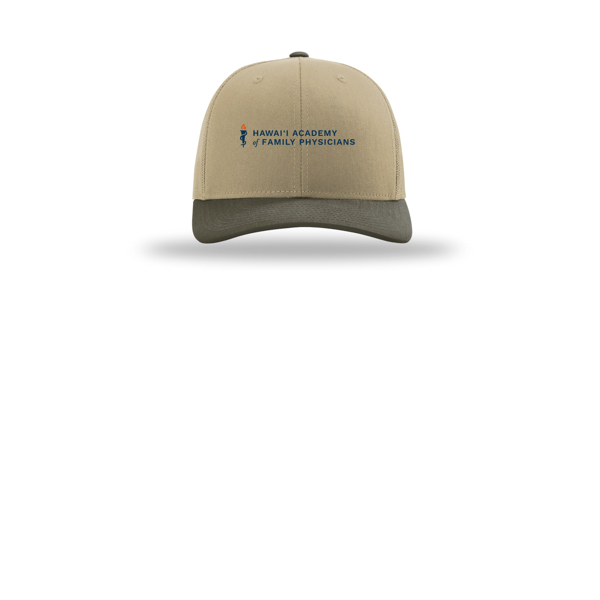 hafp-richardson-trucker-cap-embroidery-capfront-R112-khakikhakichocolatechip-flat-front