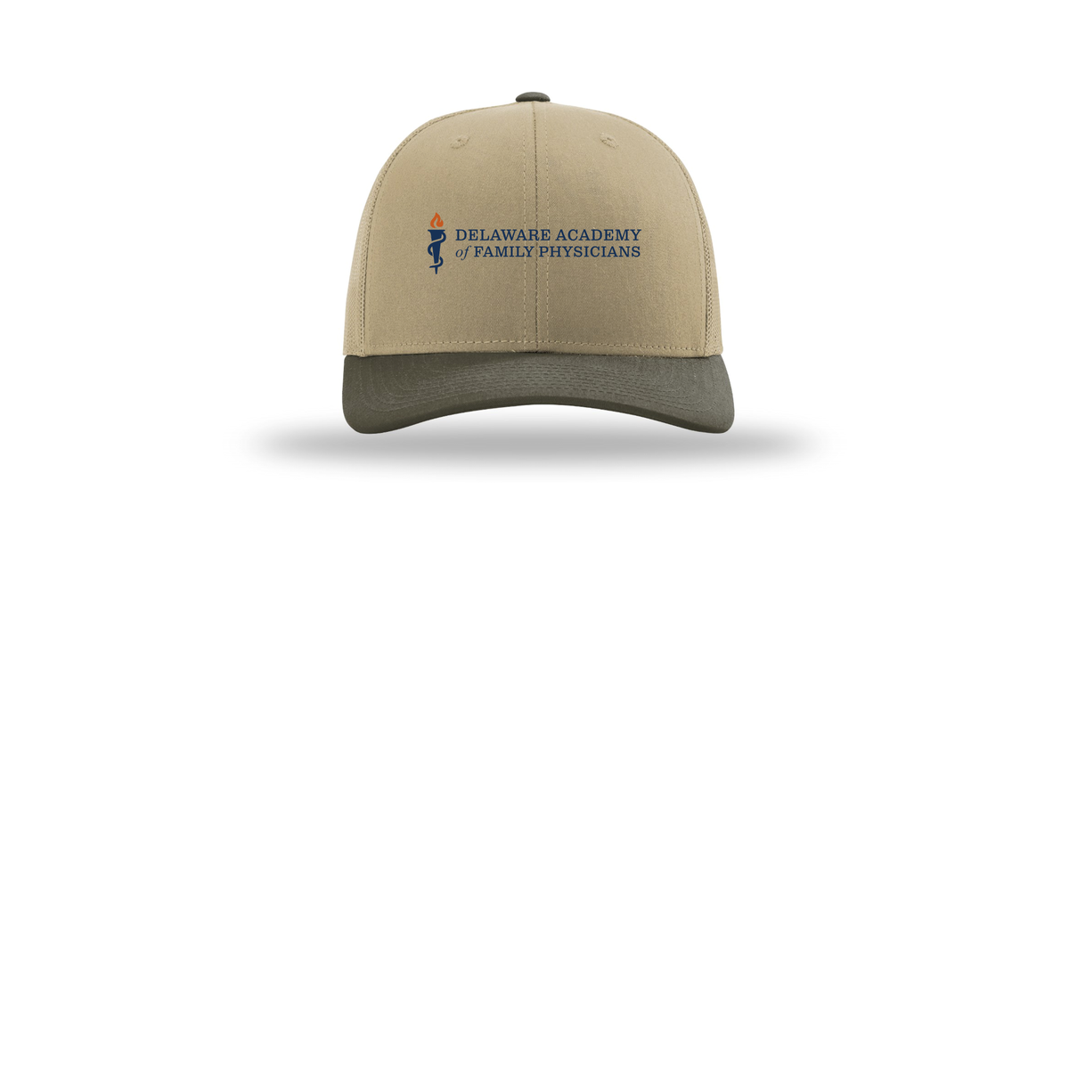 delfamdoc-richardson-trucker-cap-embroidery-capfront-R112-khakikhakichocolatechip-flat-front