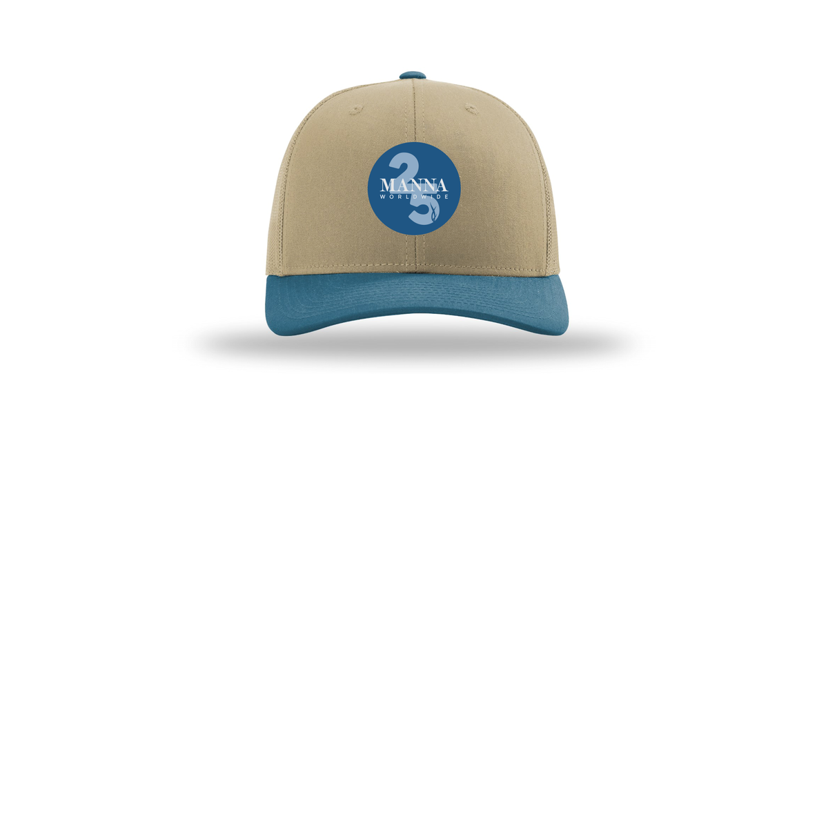 mannaworldwide-richardson-trucker-cap-embroidery-capfront-R112-khakikhakilegionblue-flat-front