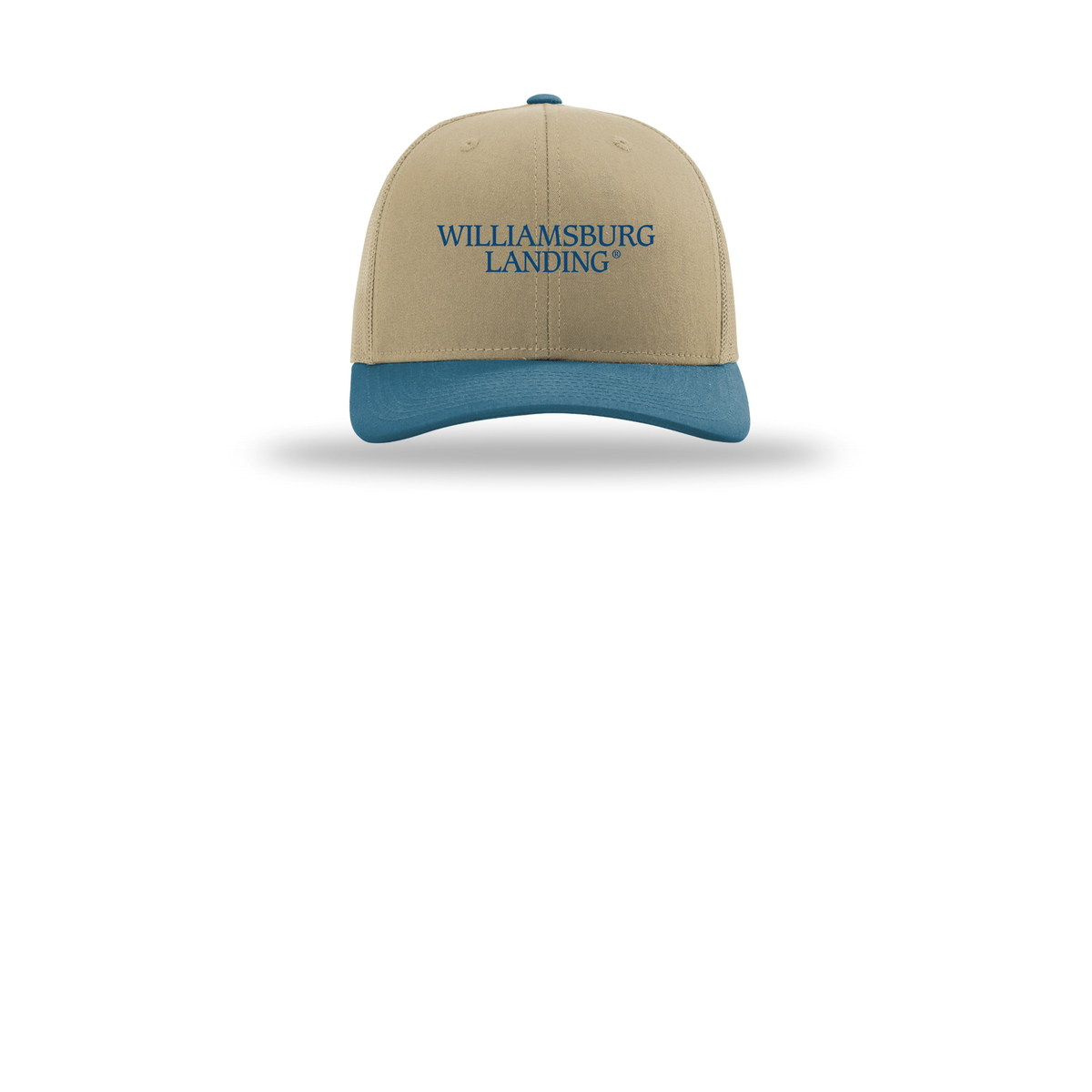 williamsburglanding-richardson-trucker-cap-embroidery-capfront-R112-khakikhakilegionblue-flat-front