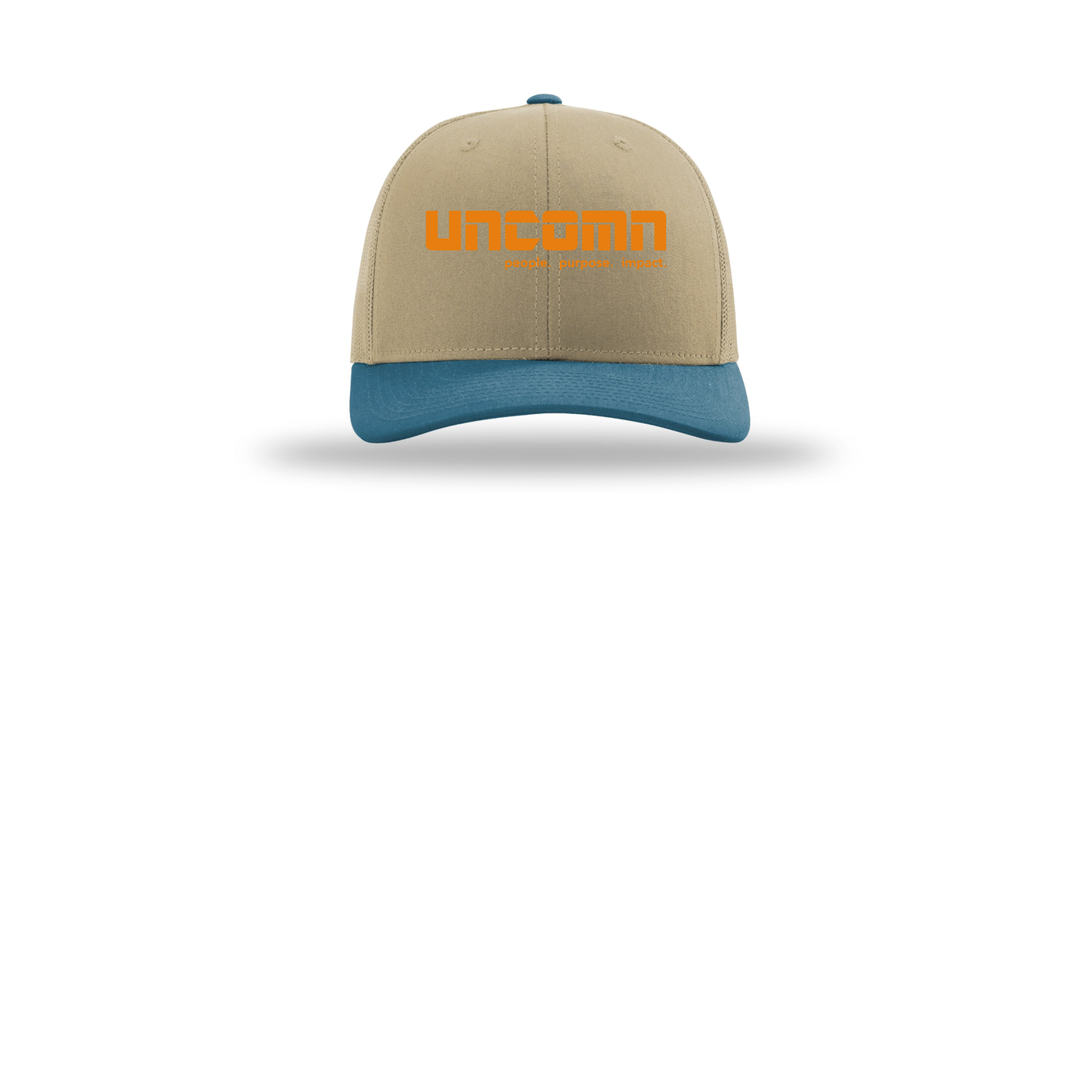 uncomn-richardson-trucker-cap-embroidery-capfront-R112-khakikhakilegionblue-flat-front